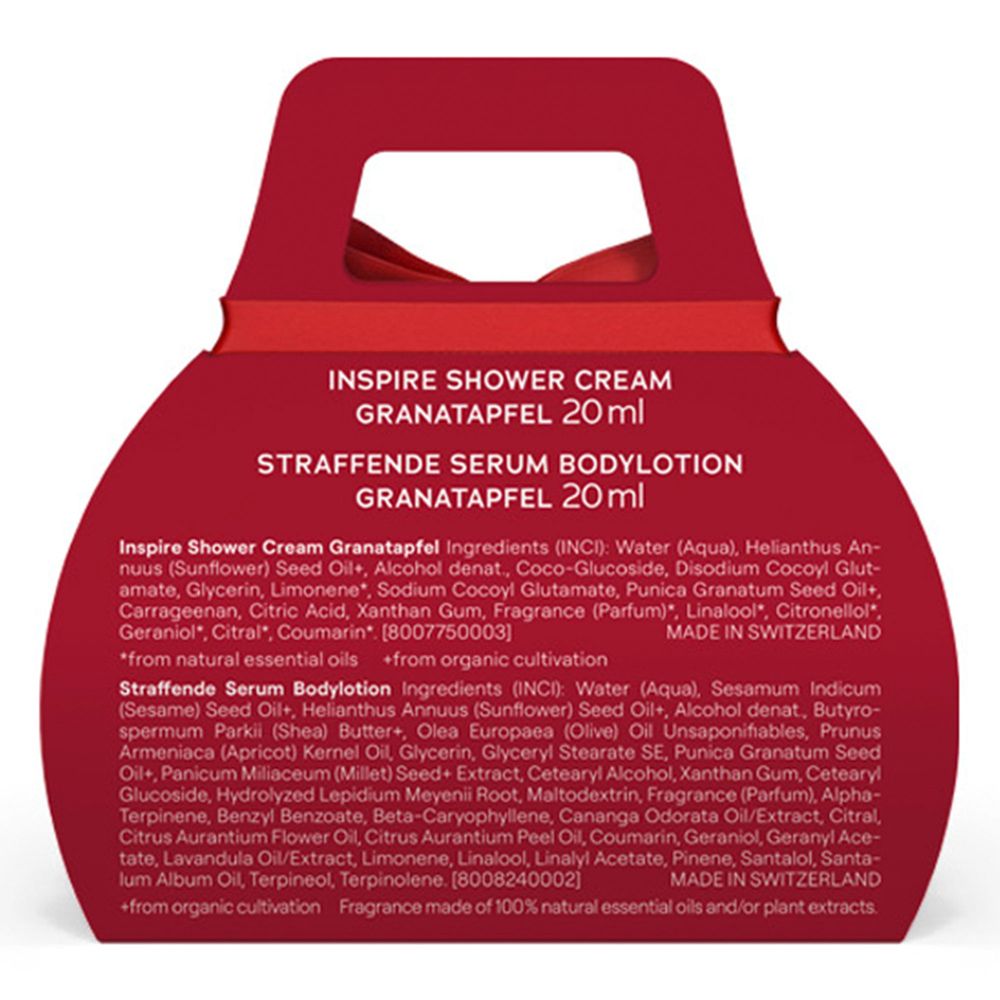 Rückseite der Geschenkbox. Enthält Inhaltsstoffe der Duschcreme und Serum-Bodylotion. Hergestellt in der Schweiz.