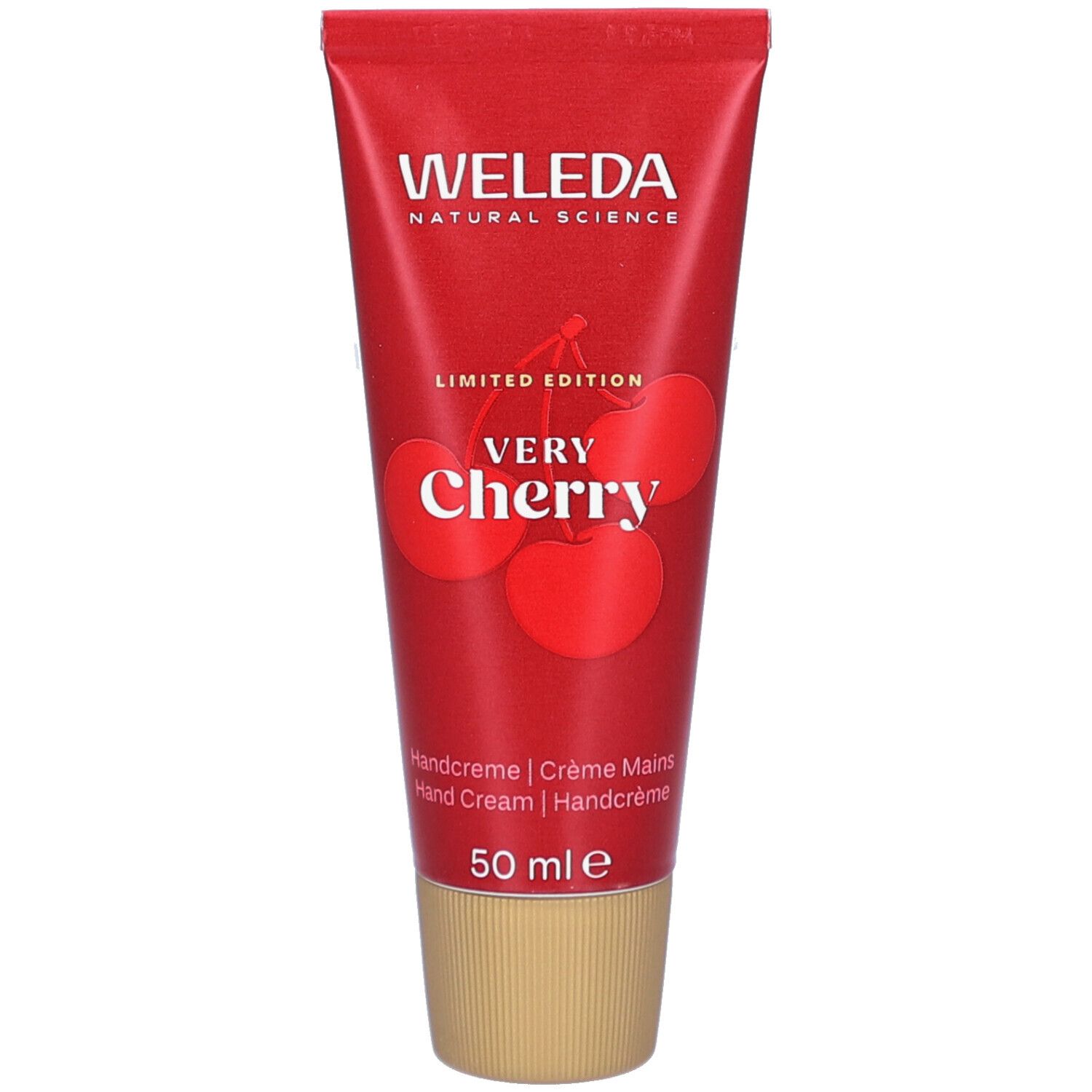 Rote Tube mit WELEDA, Very Cherry Handcreme. Kirschabbildung. Goldfarbener Verschluss. 50 ml.