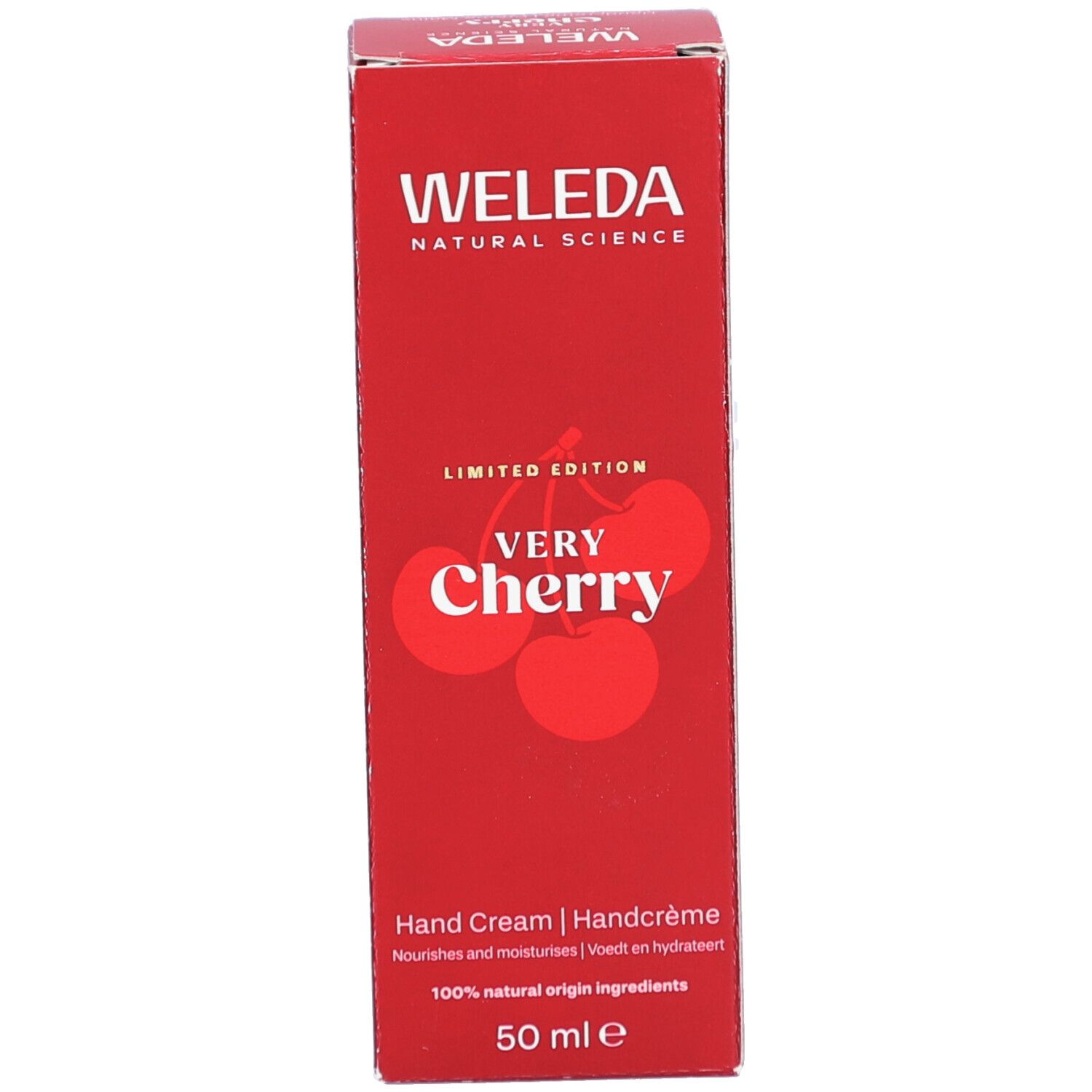 Rote Schachtel WELEDA Very Cherry Handcreme. Kirschabbildung. 50 ml. Handcreme.