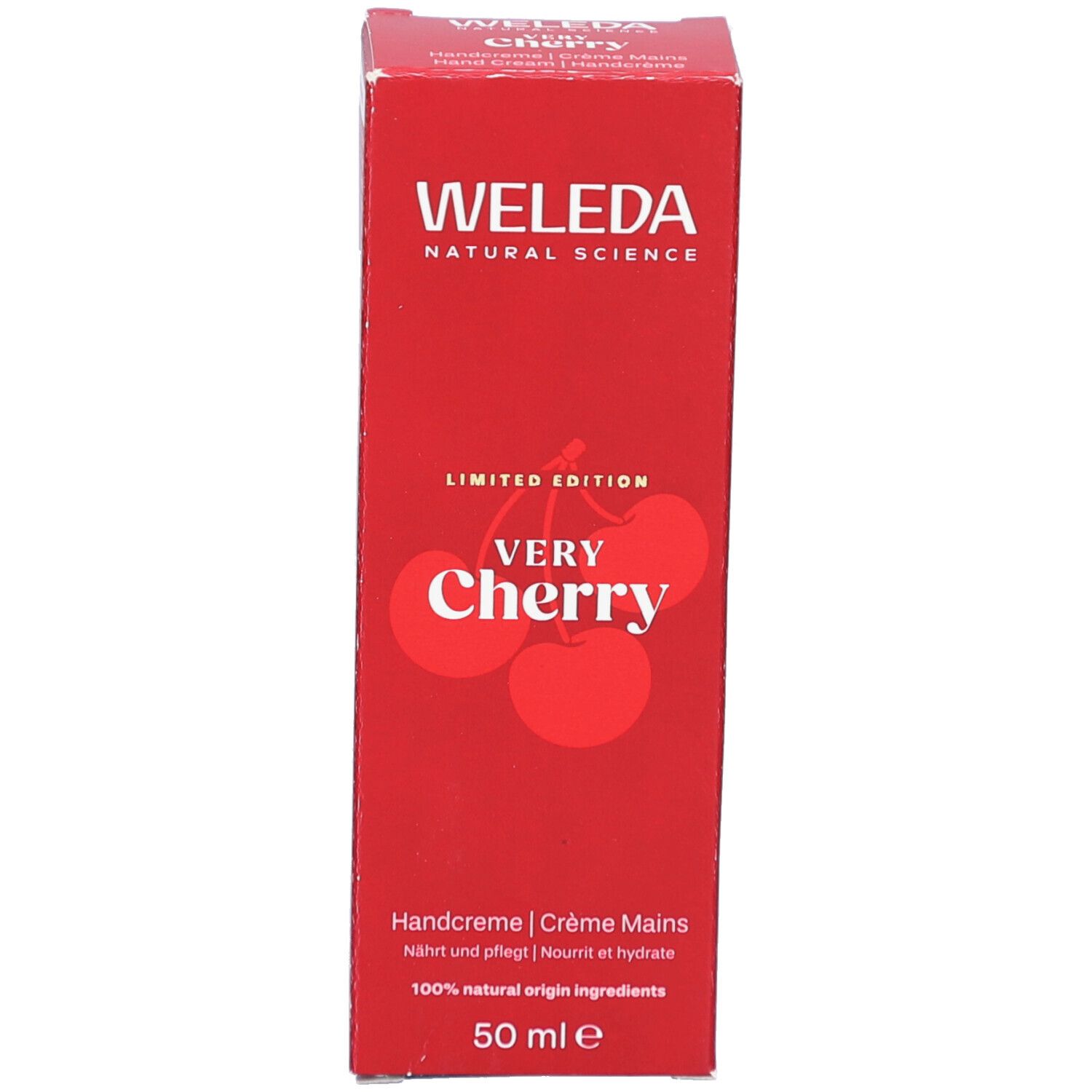 Rote Schachtel WELEDA Very Cherry Handcreme. Kirschabbildung. 50 ml. Handcreme.