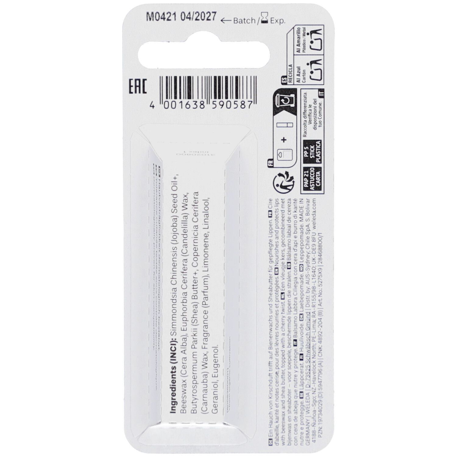 Rückseite der WELEDA Very Cherry Lippenpflege-Verpackung. Enthält Inhaltsstoffe, Chargennummer, Ablaufdatum und Recycling-Hinweise.