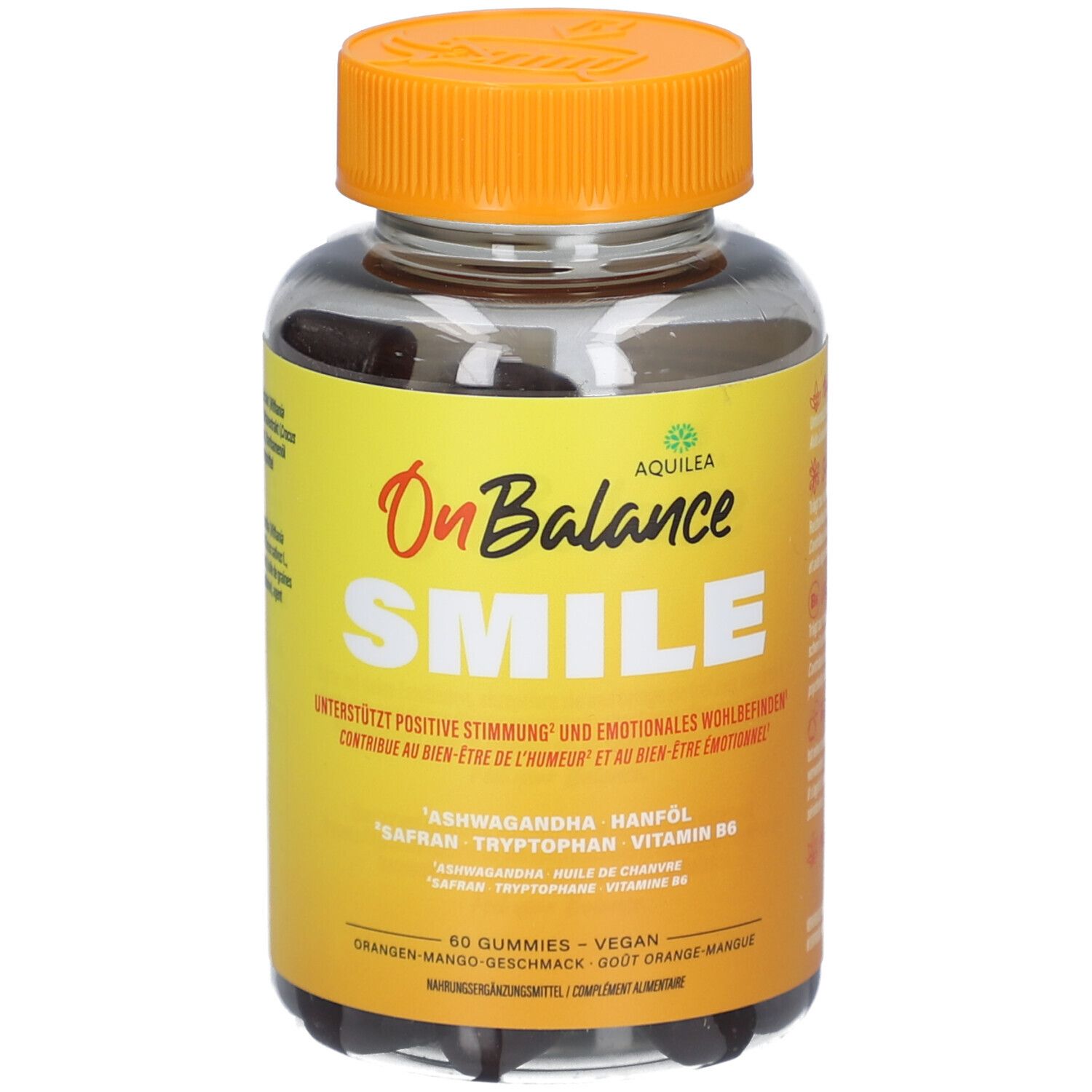Klare Plastikflasche mit orangefarbenem Deckel. Aufschrift: OnBalance SMILE, AQUILEA. Enthält 60 Gummies. Orangen-Mango-Geschmack.