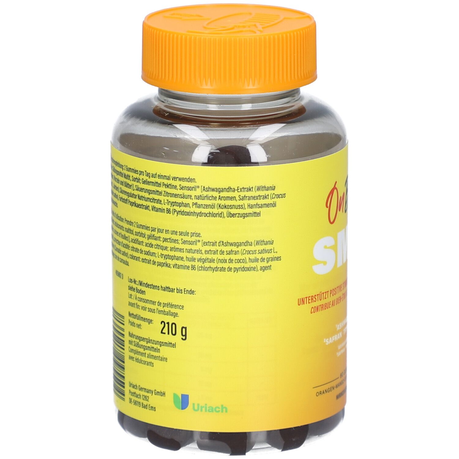 Rückseite der Flasche. Enthält Informationen zu Inhaltsstoffen, Nährwertangaben und Hersteller. Gewicht: 210 g.