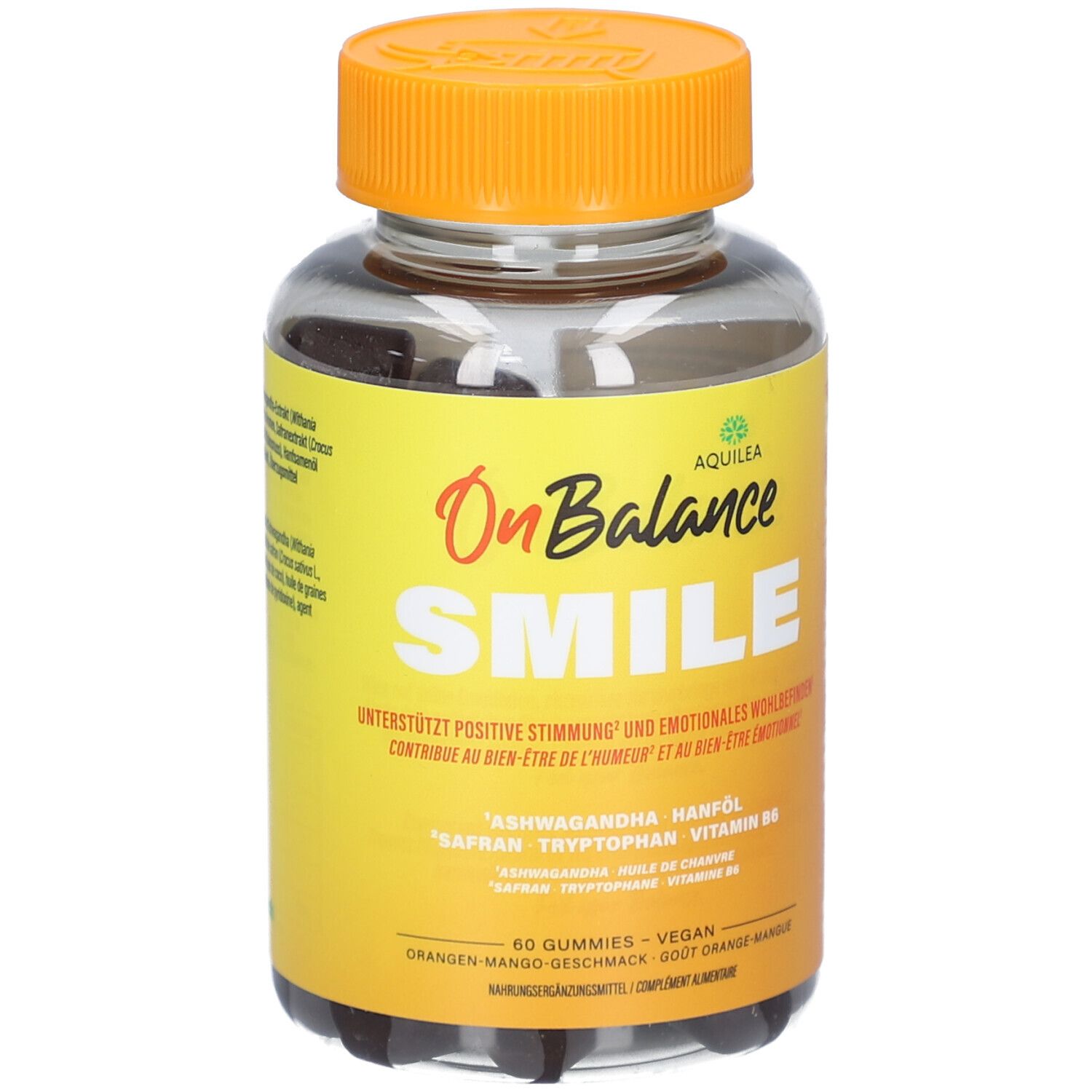 Klare Plastikflasche mit orangefarbenem Deckel. Aufschrift: OnBalance SMILE, AQUILEA. Enthält 60 Gummies. Orangen-Mango-Geschmack.