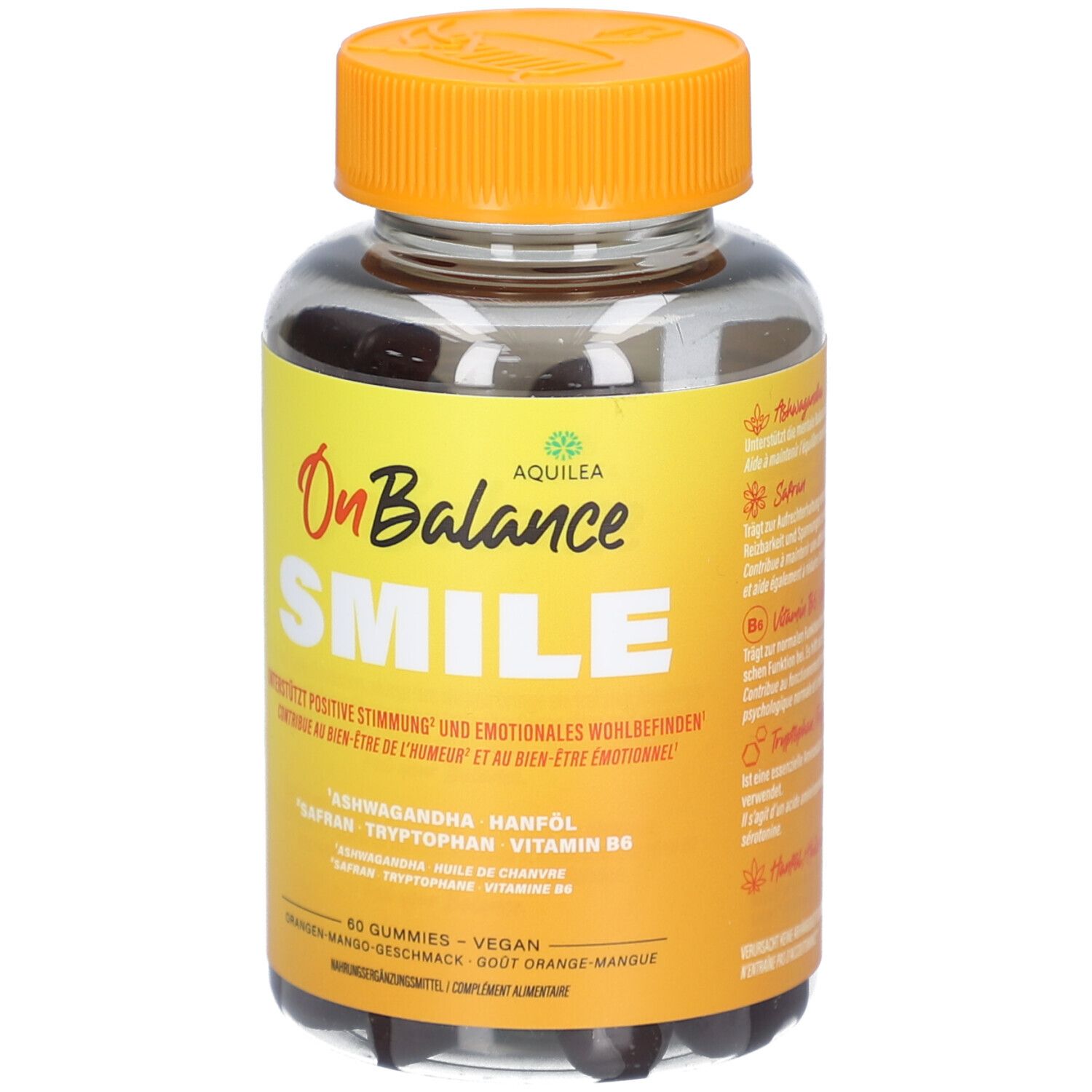 Klare Plastikflasche mit orangefarbenem Deckel. Aufschrift: OnBalance SMILE, AQUILEA. Enthält 60 Gummies. Orangen-Mango-Geschmack.