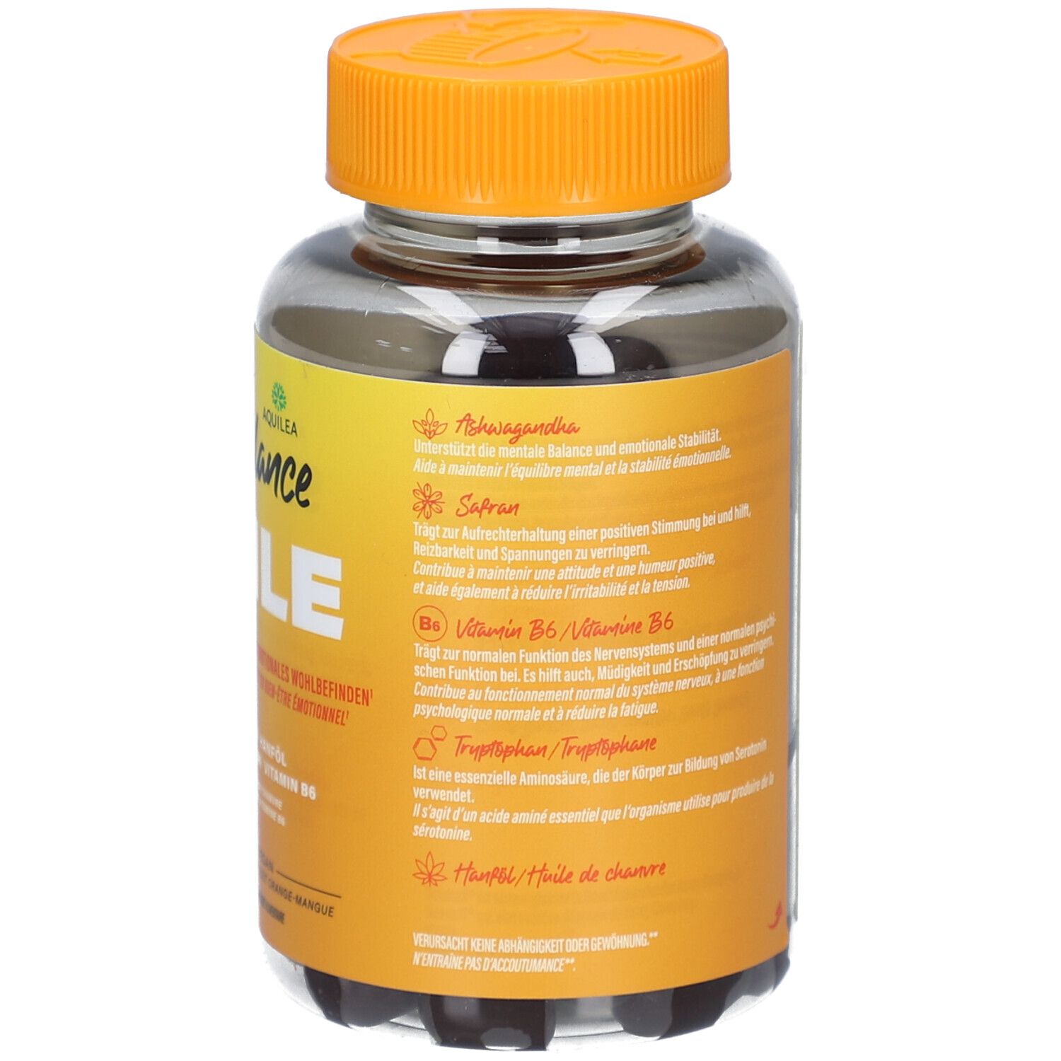 Rückseite der Flasche. Enthält Informationen zu Inhaltsstoffen, Nährwertangaben und Hersteller. Gewicht: 200 g.