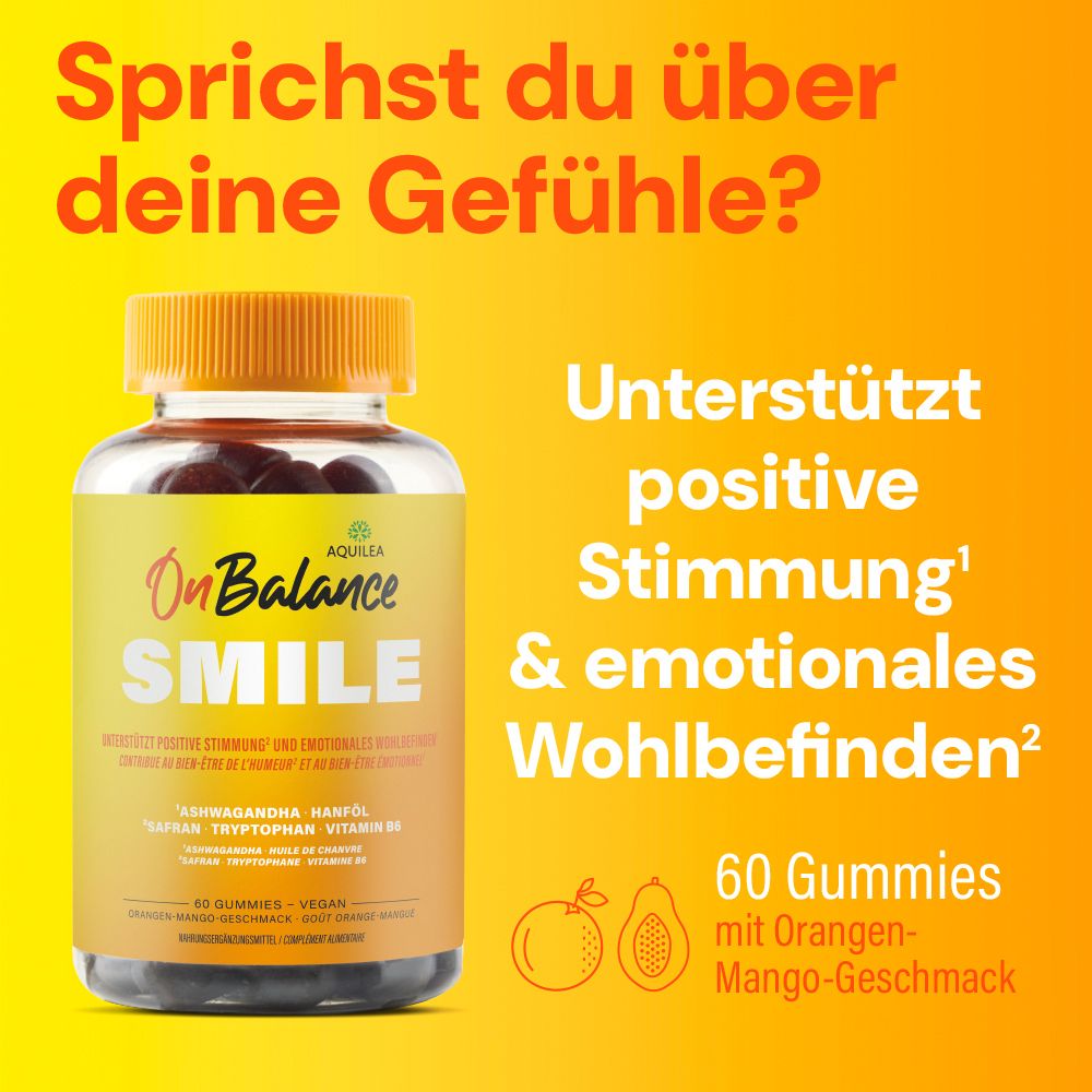 Produktflasche AQUILEA OnBalance SMILE. Text: Unterstützt positive Stimmung & emotionales Wohlbefinden. 60 Gummies mit Orangen-Mango-Geschmack.