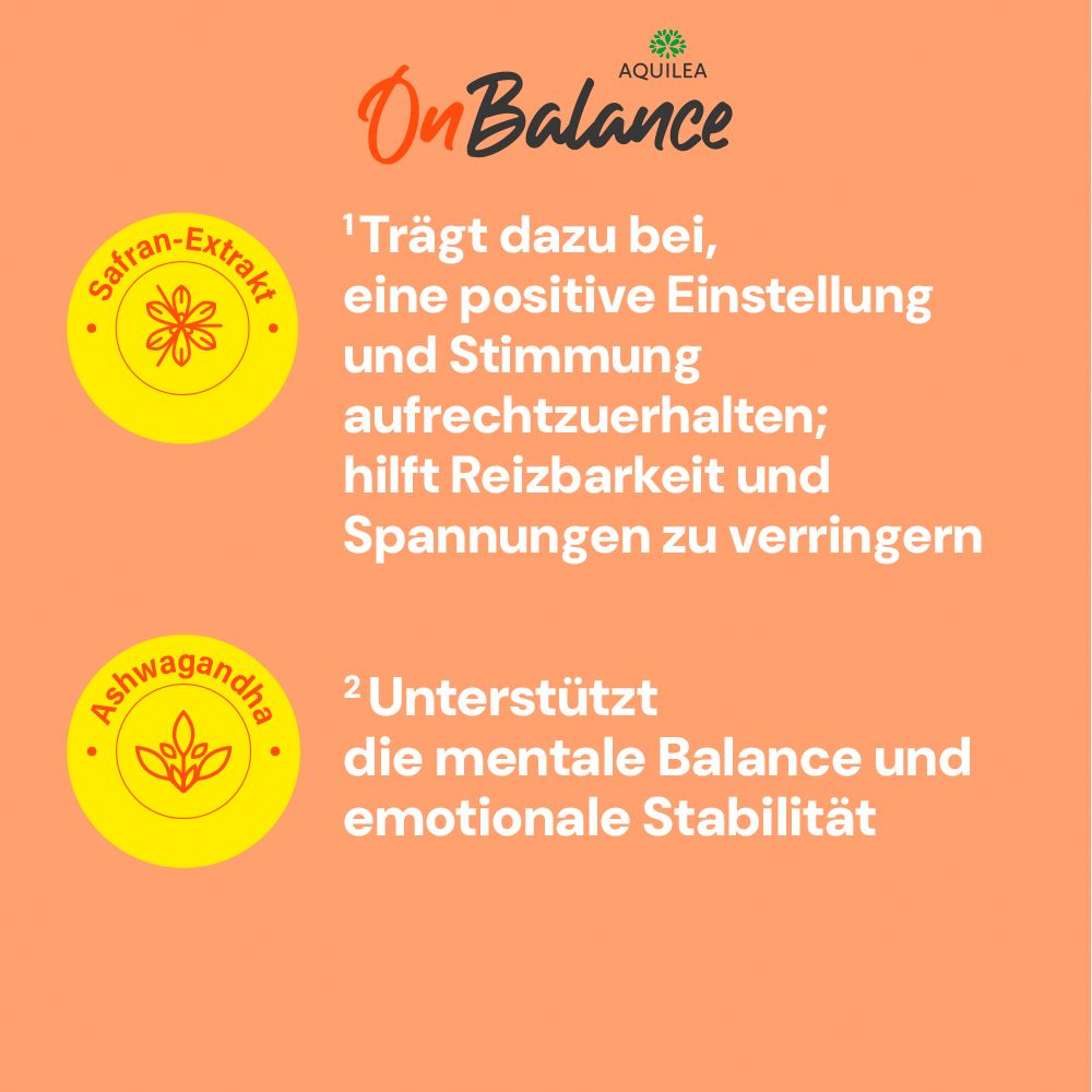 Gelber Hintergrund mit Text. Safran-Extrakt und Ashwagandha. Text: Trägt zu positiver Stimmung bei, hilft Reizbarkeit zu verringern.