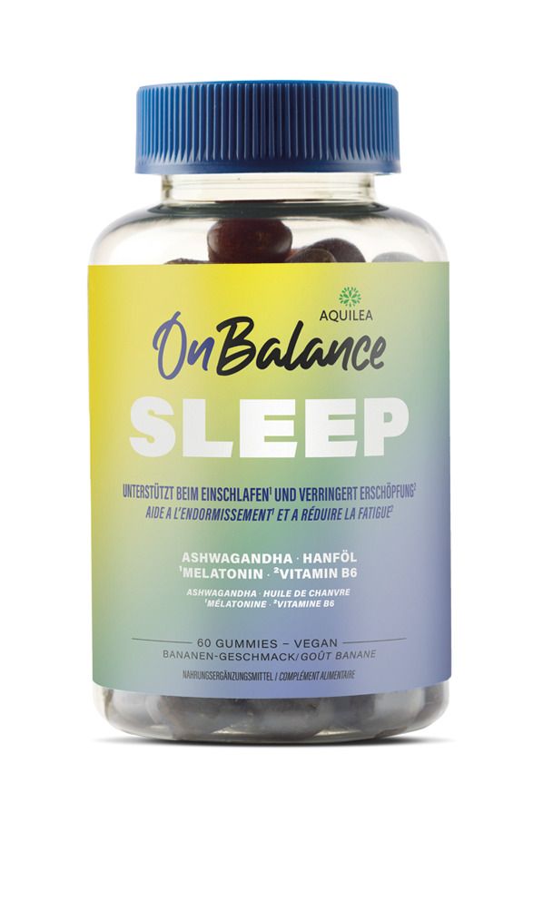 Klare Flasche mit blauer Kappe. Aufschrift: OnBalance SLEEP. Enthält 60 Gummies. Inhaltsstoffe: Ashwagandha, Hanföl, Melatonin, Vitamin B6.