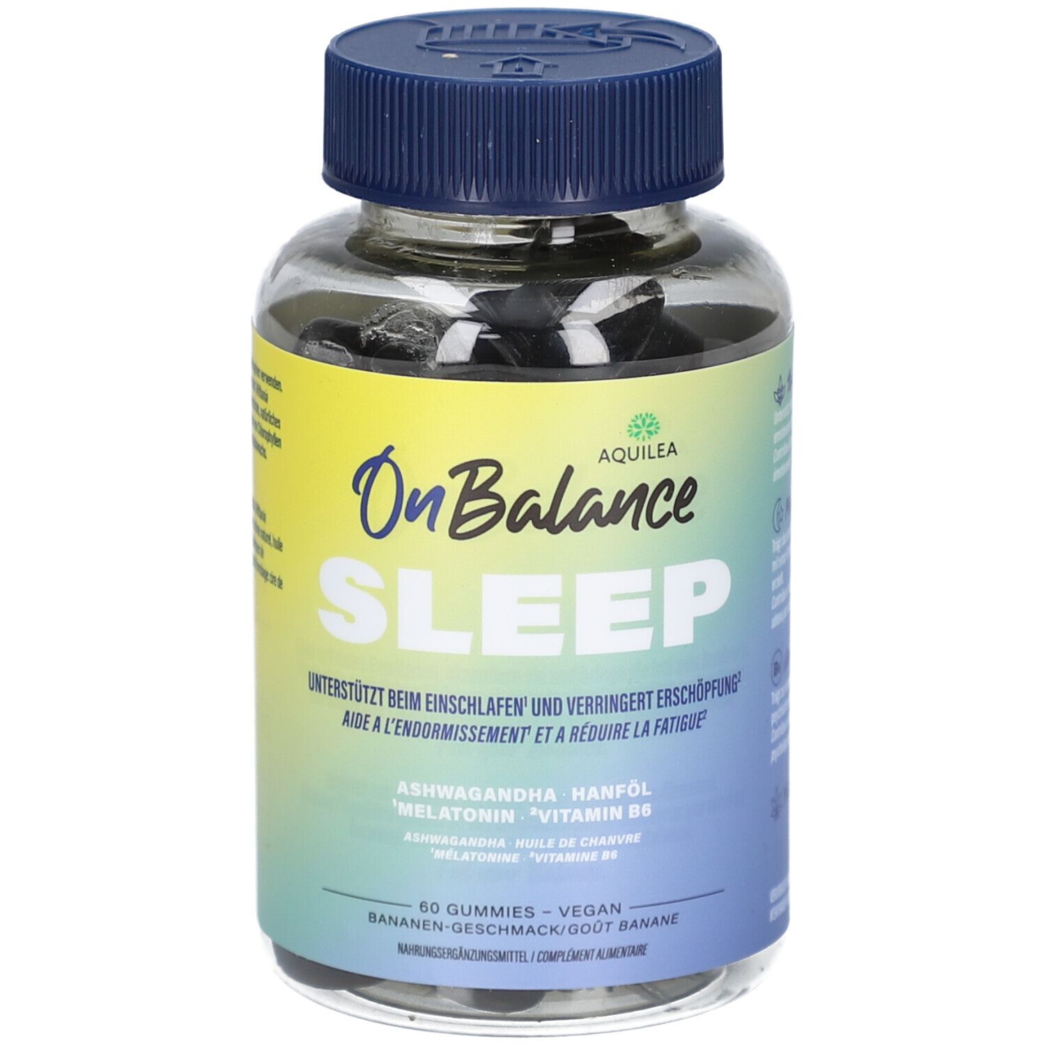 Klare Kunststoffdose mit blauen Deckel. Aufschrift OnBalance Sleep, darunter Text. Enthält 60 Gummies. Marke AQUILEA.