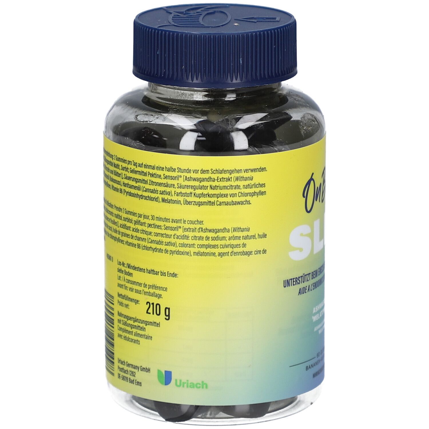 Rückseite der Dose. Enthält Informationen zu Inhaltsstoffen und Gebrauchsanweisung. Gewicht 210 g. Marke Uriach.