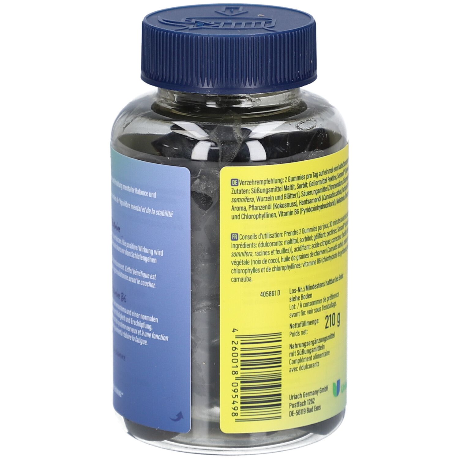 Rückansicht der Dose. Enthält Informationen zu Inhaltsstoffen und Gebrauchsanweisung. Gewicht 210 g. Marke Uriach.