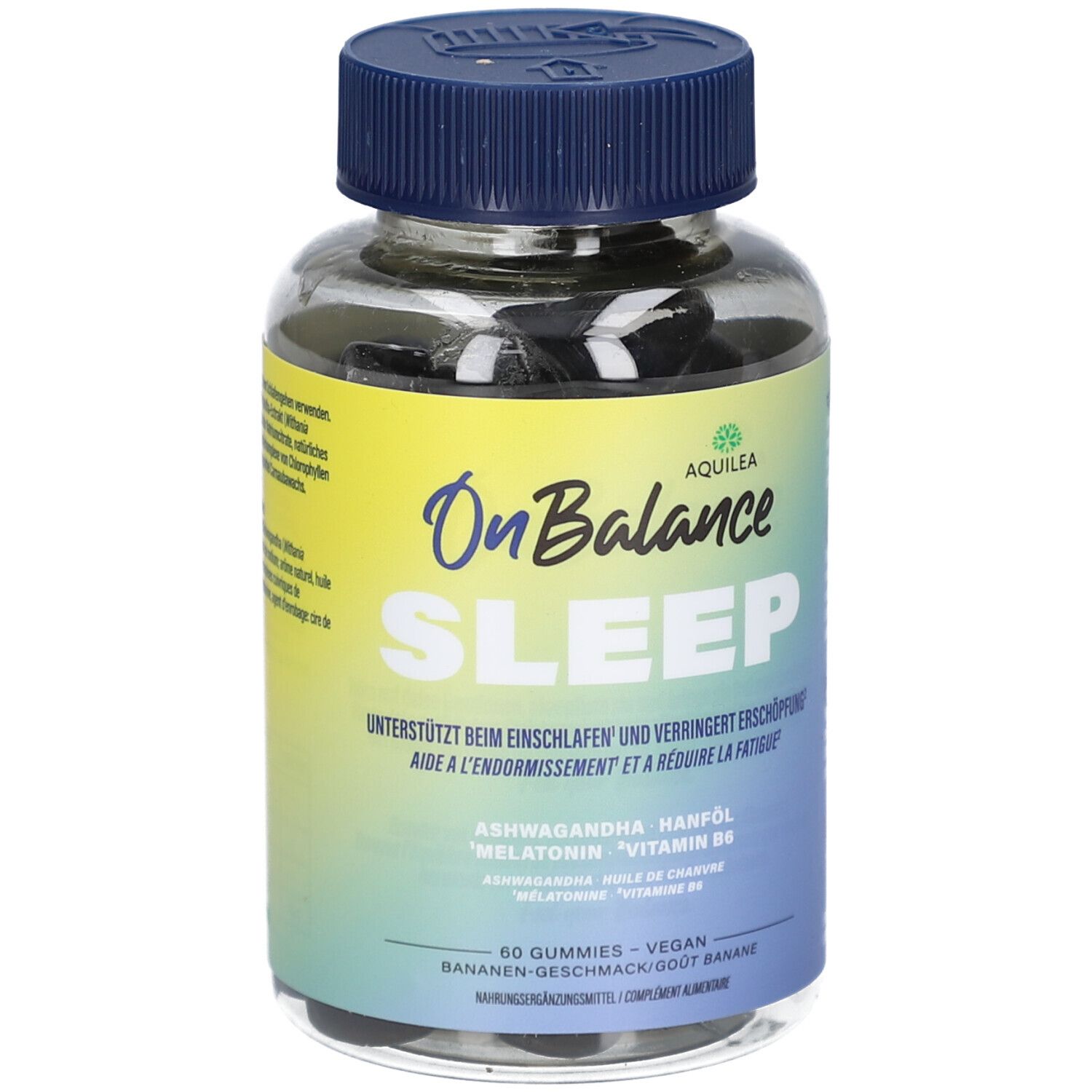 Klare Kunststoffdose mit blauen Deckel. Aufschrift OnBalance Sleep, darunter Text. Enthält 60 Gummies. Marke AQUILEA.