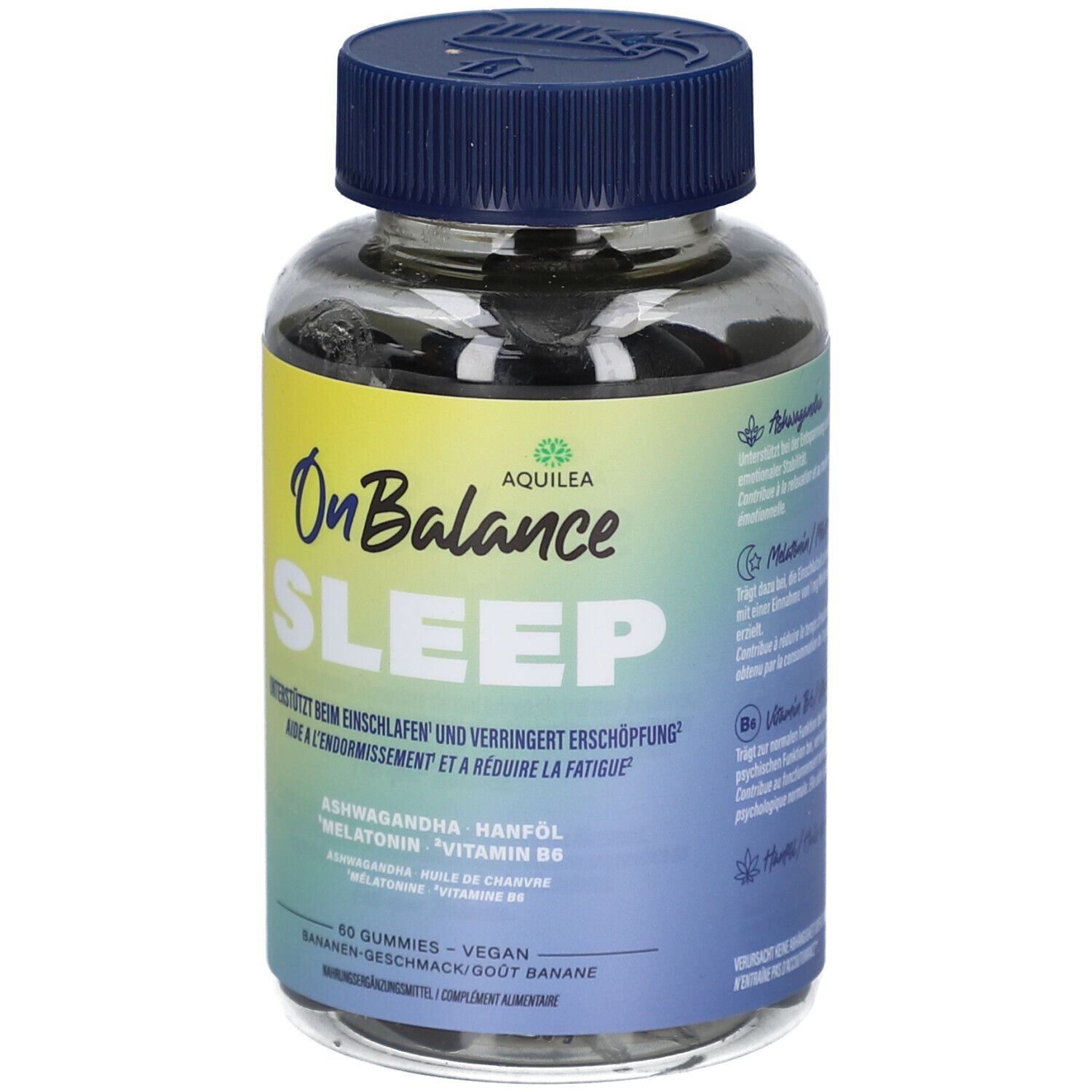 Klare Kunststoffdose mit blauen Deckel. Aufschrift OnBalance Sleep, darunter Text. Enthält 60 Gummies. Marke AQUILEA.