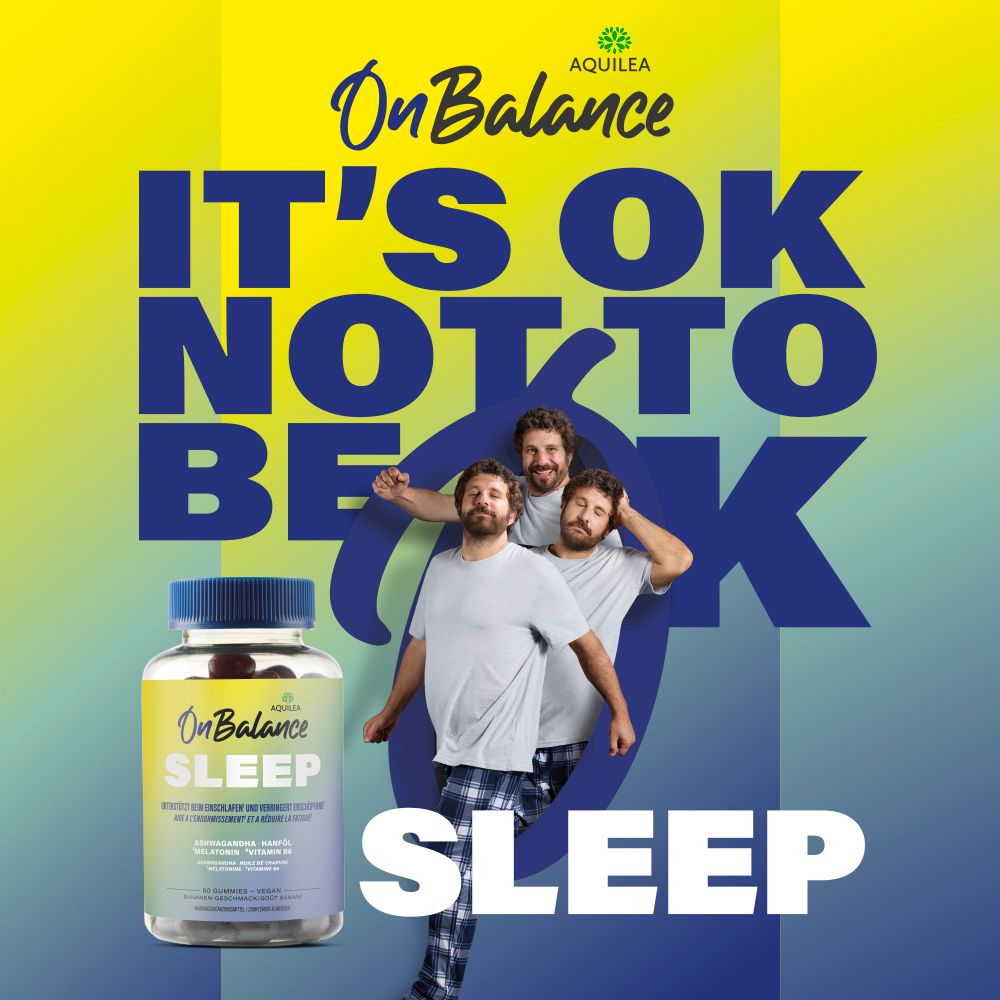 Werbebild mit drei Männern. Flasche OnBalance SLEEP im Vordergrund. Text: IT'S OK NOT TO BE OK SLEEP.