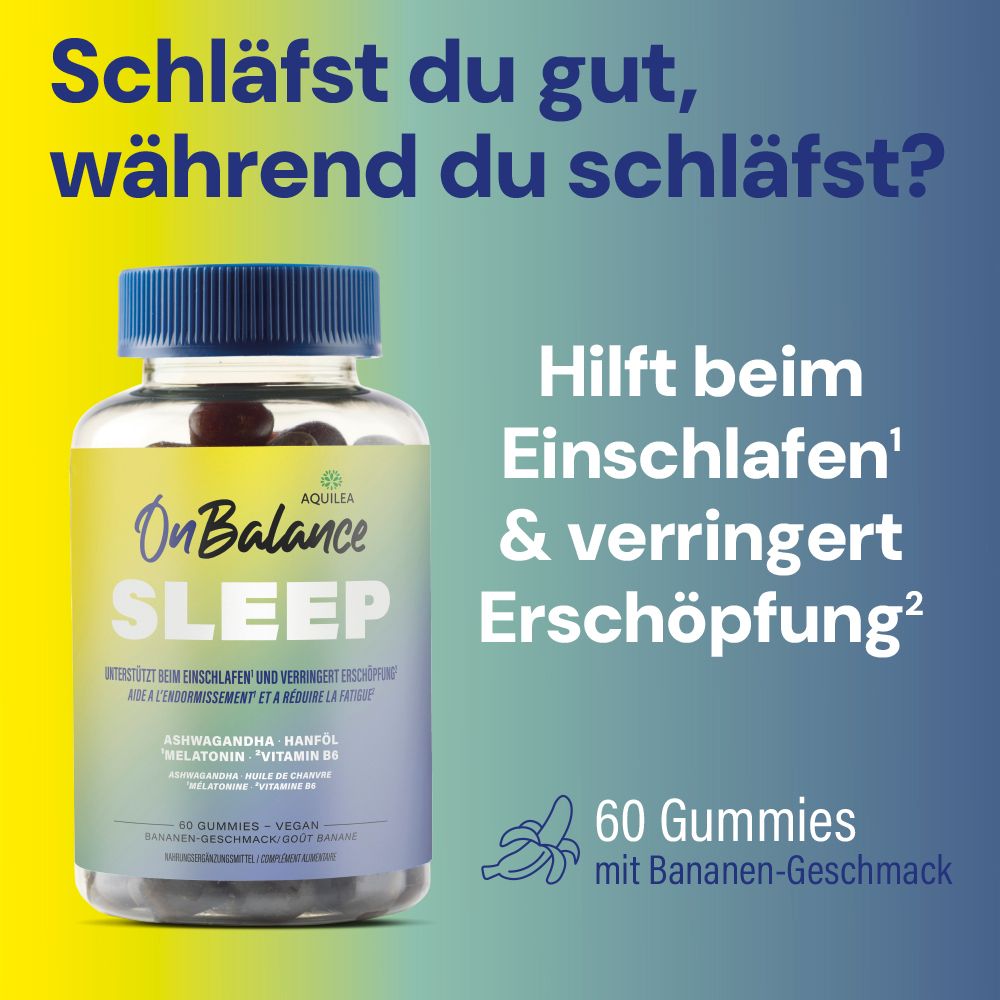 Flasche OnBalance SLEEP. Text: Hilft beim Einschlafen & verringert Erschöpfung. 60 Gummies mit Bananengeschmack.
