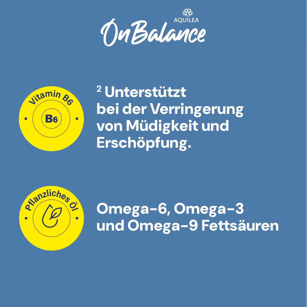 Text: Vitamin B6: Unterstützt bei der Verringerung von Müdigkeit und Erschöpfung. Pflanzliches Öl: Omega-6, Omega-3 und Omega-9 Fettsäuren.