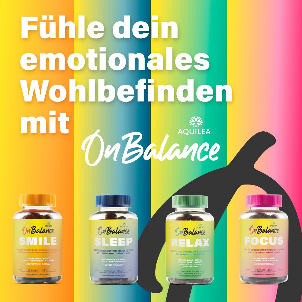 Vier Flaschen OnBalance. Smile, Sleep, Relax, Focus. Text: Fühle dein emotionales Wohlbefinden mit OnBalance.