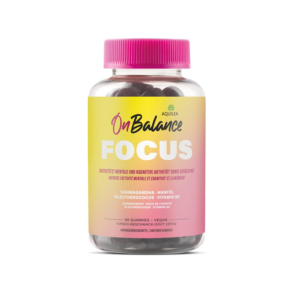Klare Plastikflasche mit rosa Deckel. Etikett mit "OnBalance FOCUS", Inhaltsstoffen und 60 Gummies. Vegan.