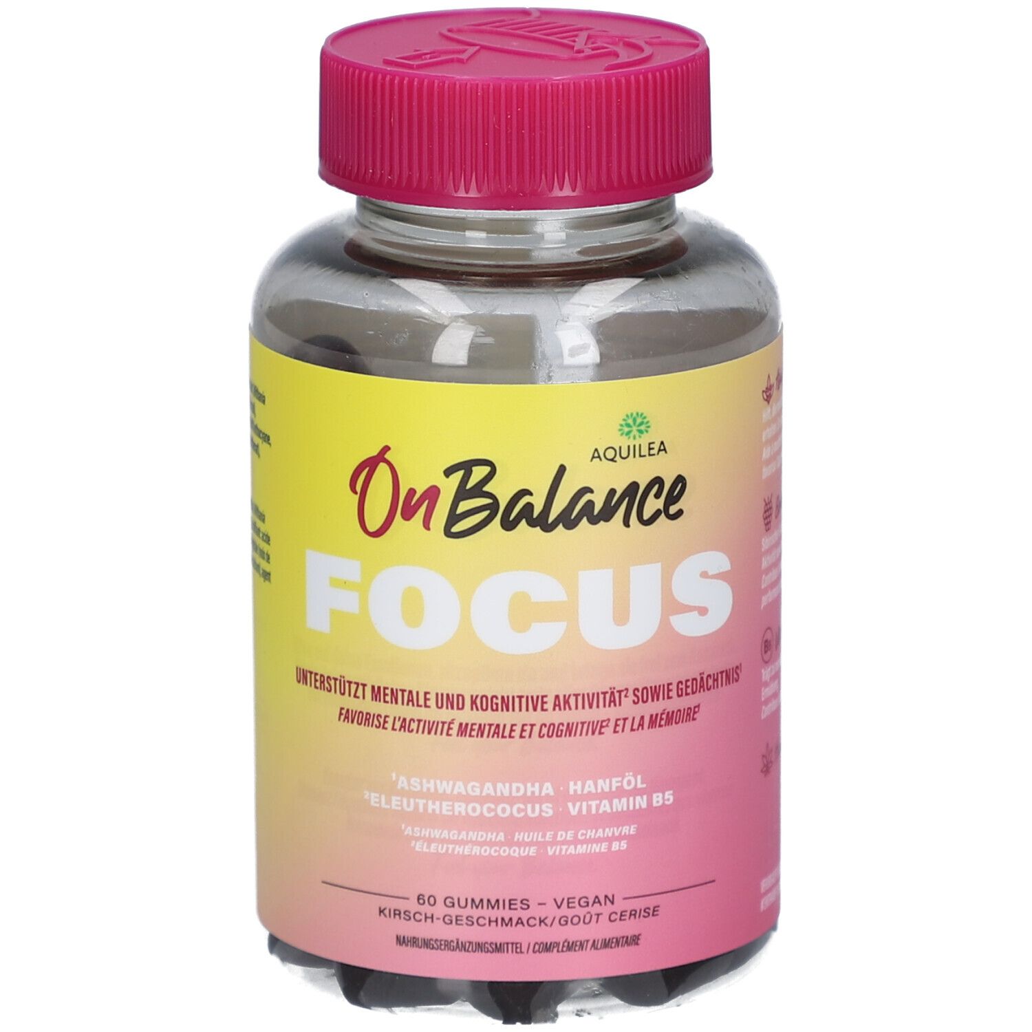 Klare Kunststoffdose mit rosa Deckel. Aufkleber mit Produktnamen und Inhaltsstoffen. Aufschrift: AQUILEA OnBalance FOCUS.