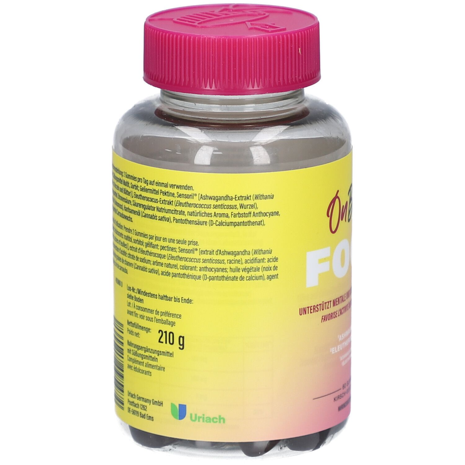 Rückseite einer transparenten Dose mit rosa Deckel. Gelb-rosa Etikett mit Produktinformationen und Inhaltsstoffen. Gewicht: 210 g.