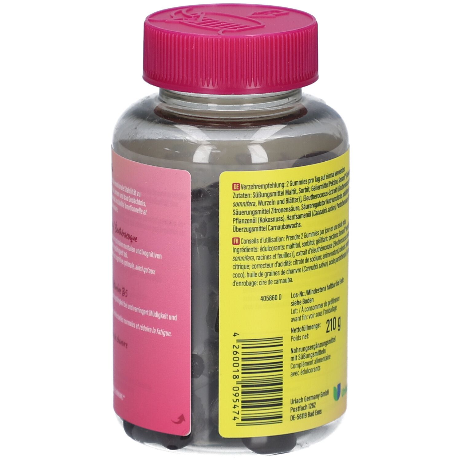 Rückseite einer transparenten Dose mit rosa Deckel. Gelb-rosa Etikett mit Produktinformationen und Inhaltsstoffen. Gewicht: 210 g.