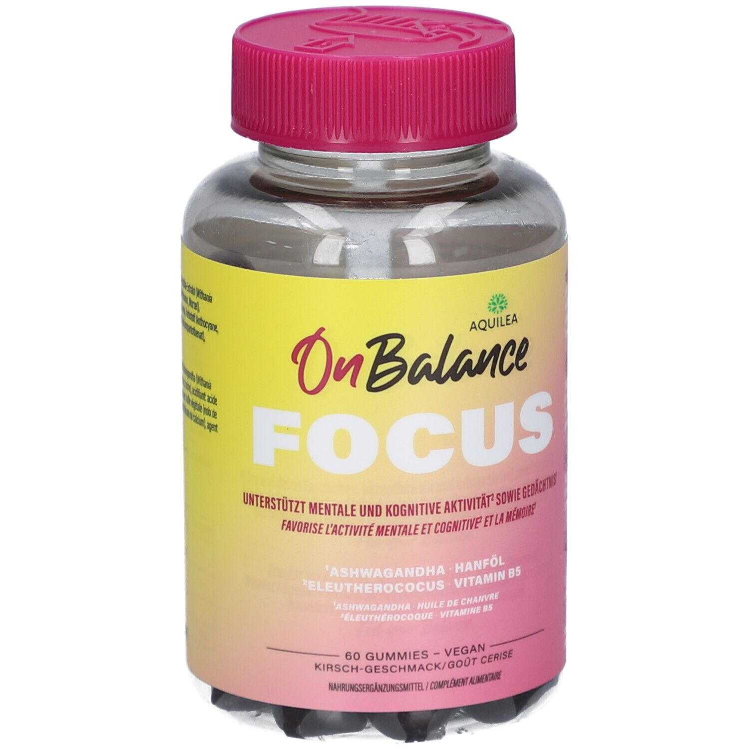 Klare Kunststoffdose mit rosa Deckel. Aufkleber mit Produktnamen und Inhaltsstoffen. Aufschrift: AQUILEA OnBalance FOCUS.