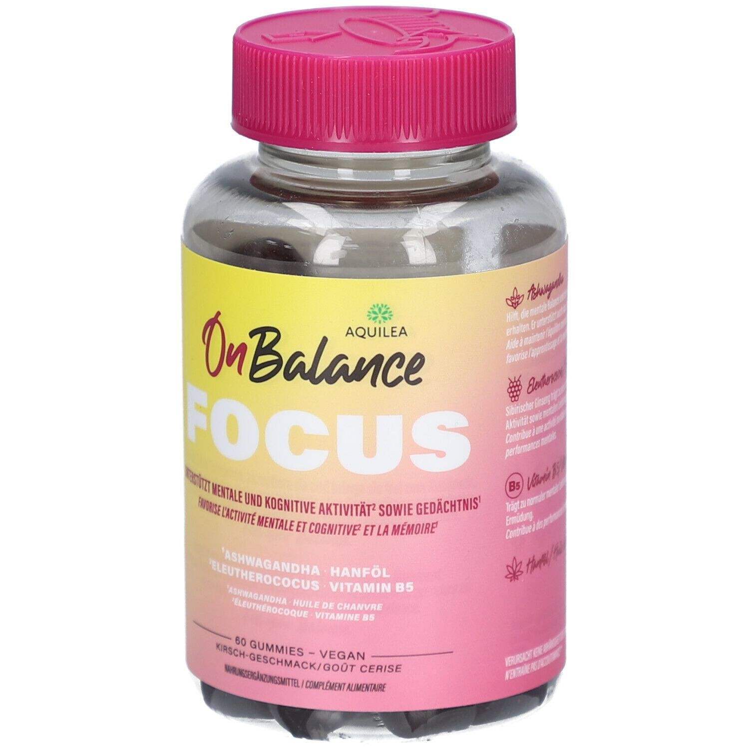 Klare Kunststoffdose mit rosa Deckel. Aufkleber mit Produktnamen und Inhaltsstoffen. Aufschrift: AQUILEA OnBalance FOCUS.