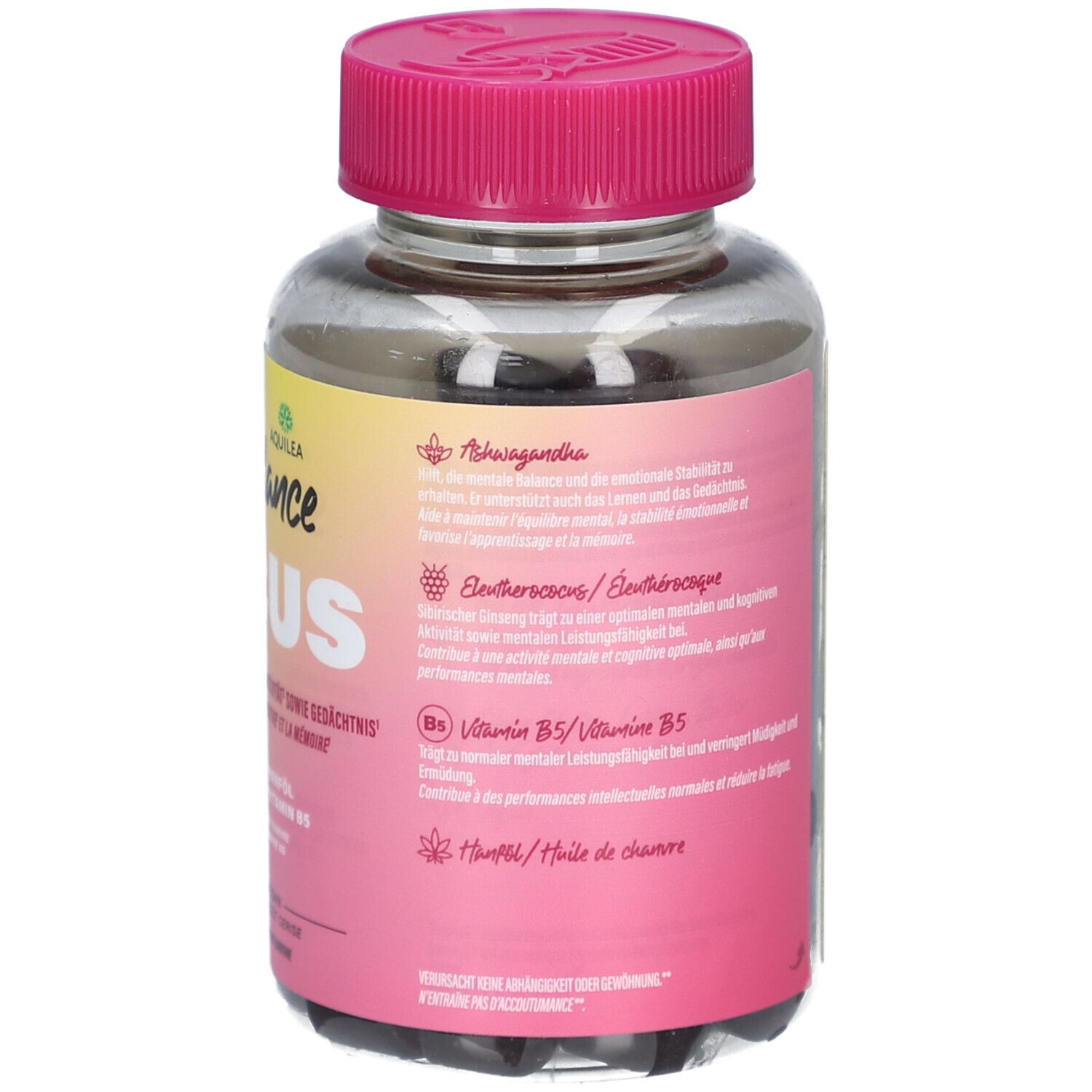 Rückseite einer transparenten Dose mit rosa Deckel. Gelb-rosa Etikett mit Produktinformationen und Inhaltsstoffen. Aufschrift: AQUILEA OnBalance FOCUS.