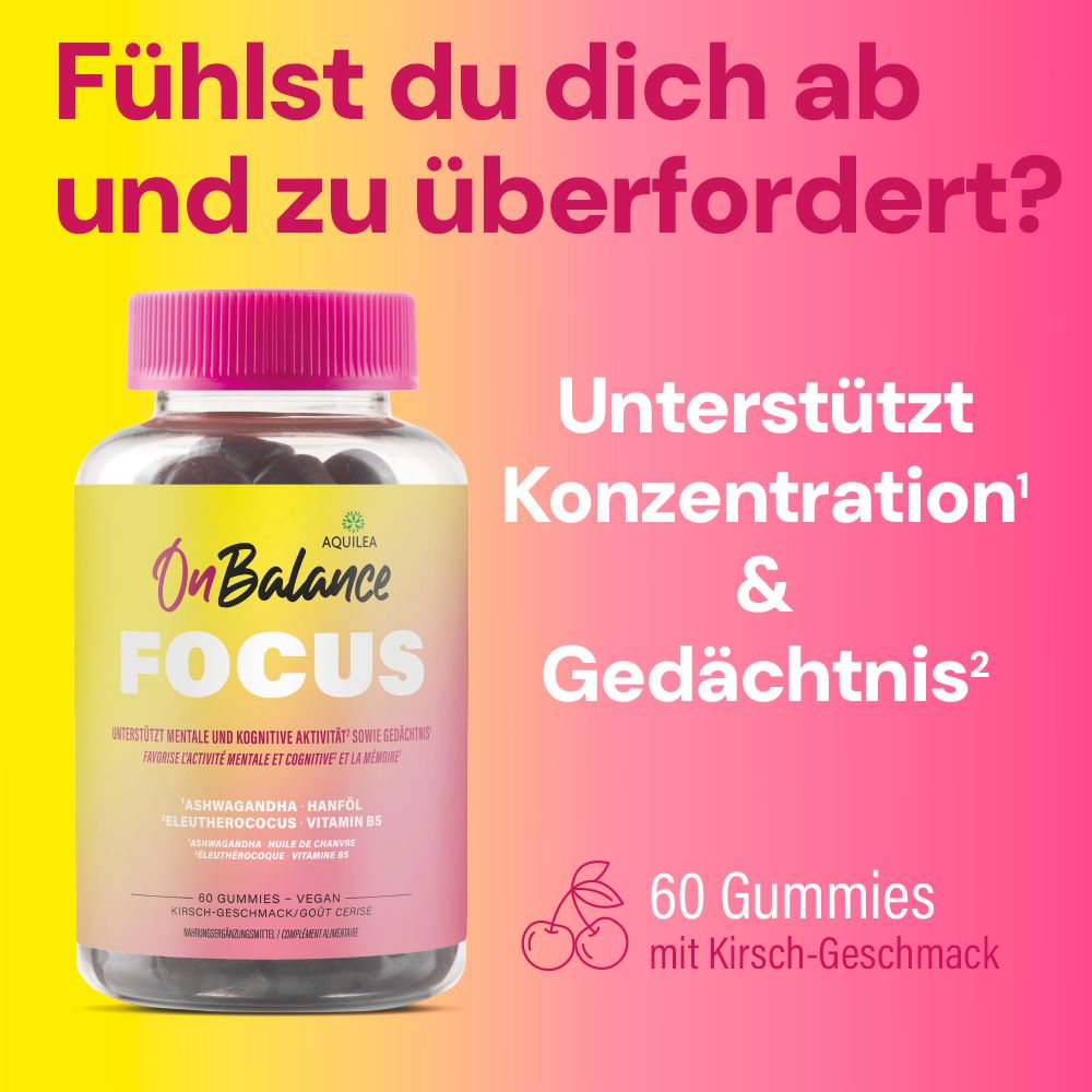 AQUILEA OnBalance Focus. Flasche und Text vor farbigem Hintergrund. Text: Unterstützt Konzentration & Gedächtnis. 60 Gummies.