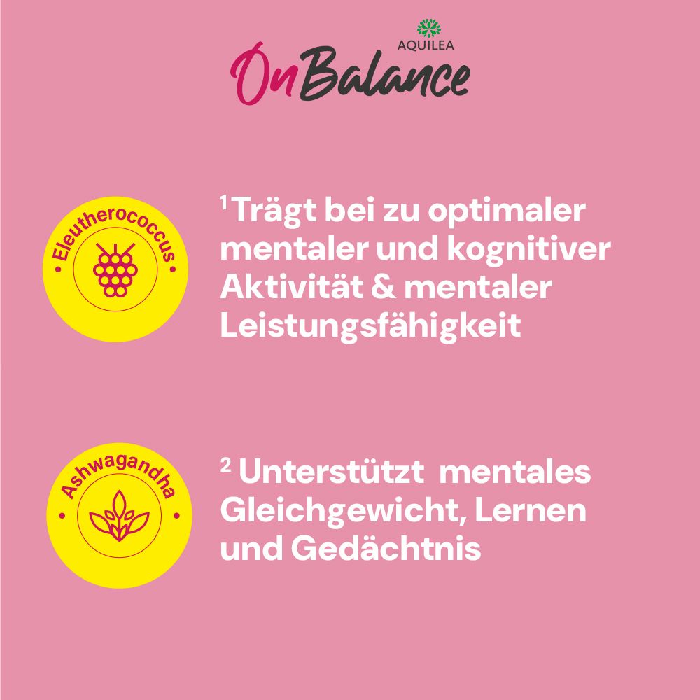 Zwei gelbe Kreise mit Text und Icons. Text: "Trägt bei zu optimaler mentaler Aktivität & Leistungsfähigkeit".