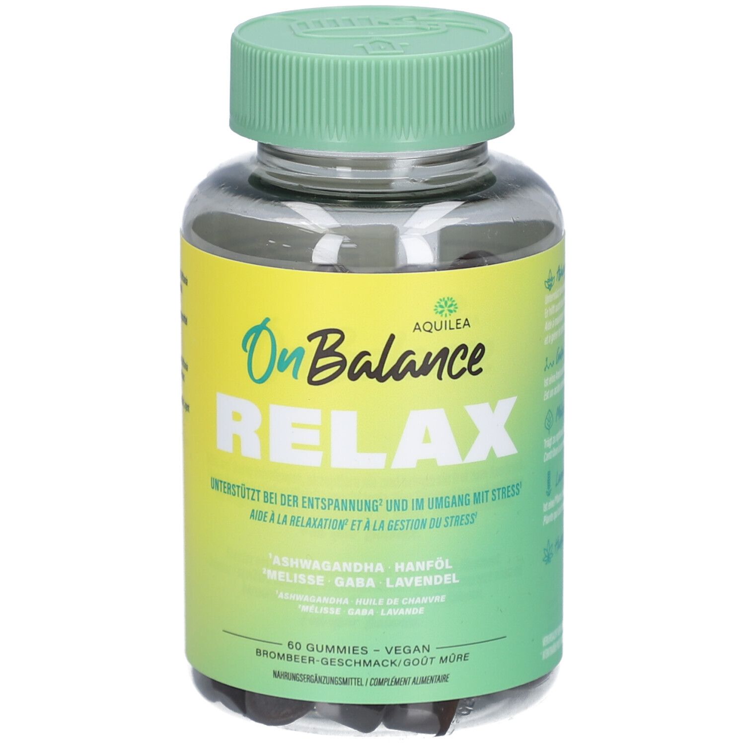 Klare Kunststoffflasche mit grünem Deckel. Aufschrift: OnBalance Relax, Aquilea. Enthält 60 vegane Gummies. Gelb-grünes Etikett.