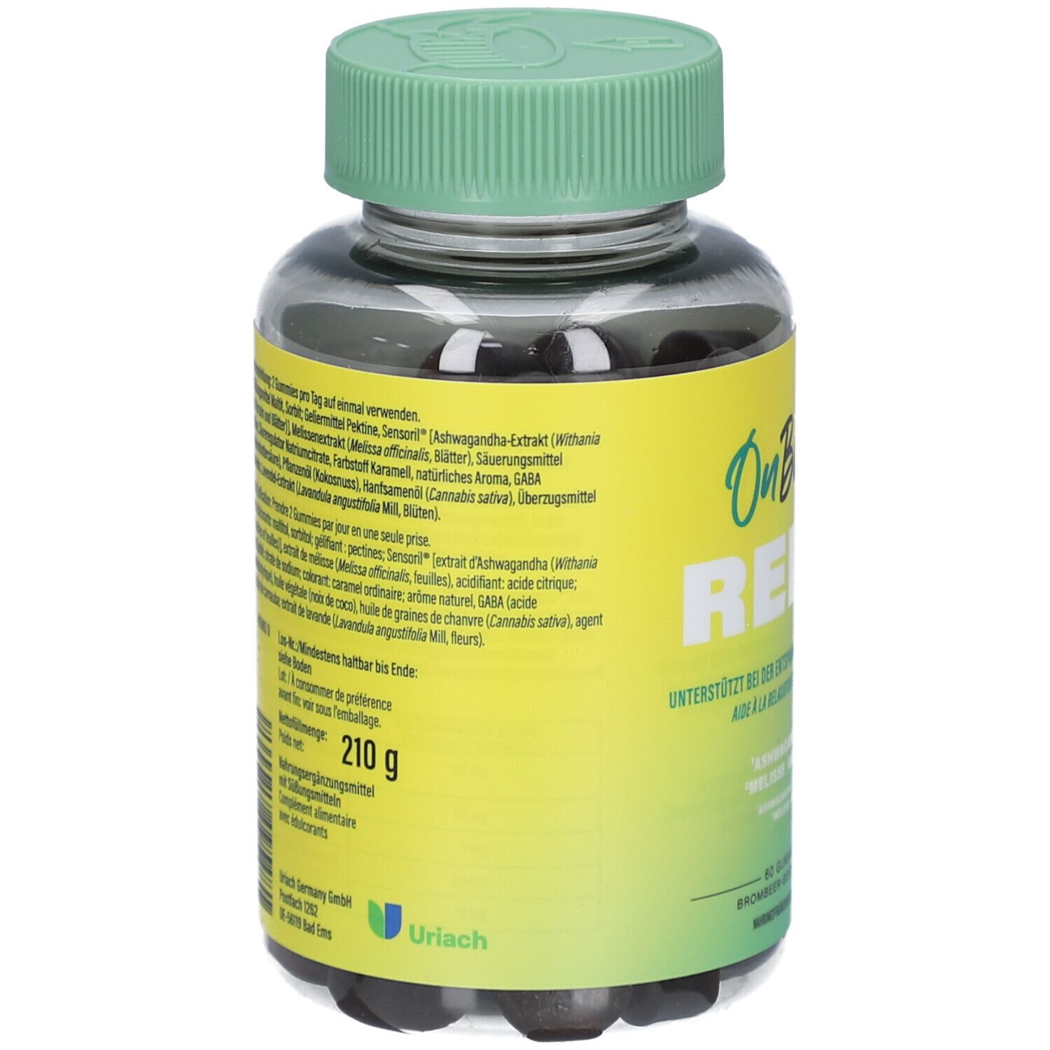 Rückseite der Flasche. Enthält Inhaltsstoffe und Nährwertangaben. Gewicht: 210 g. Hersteller: Uriach Germany. Grünes Etikett.