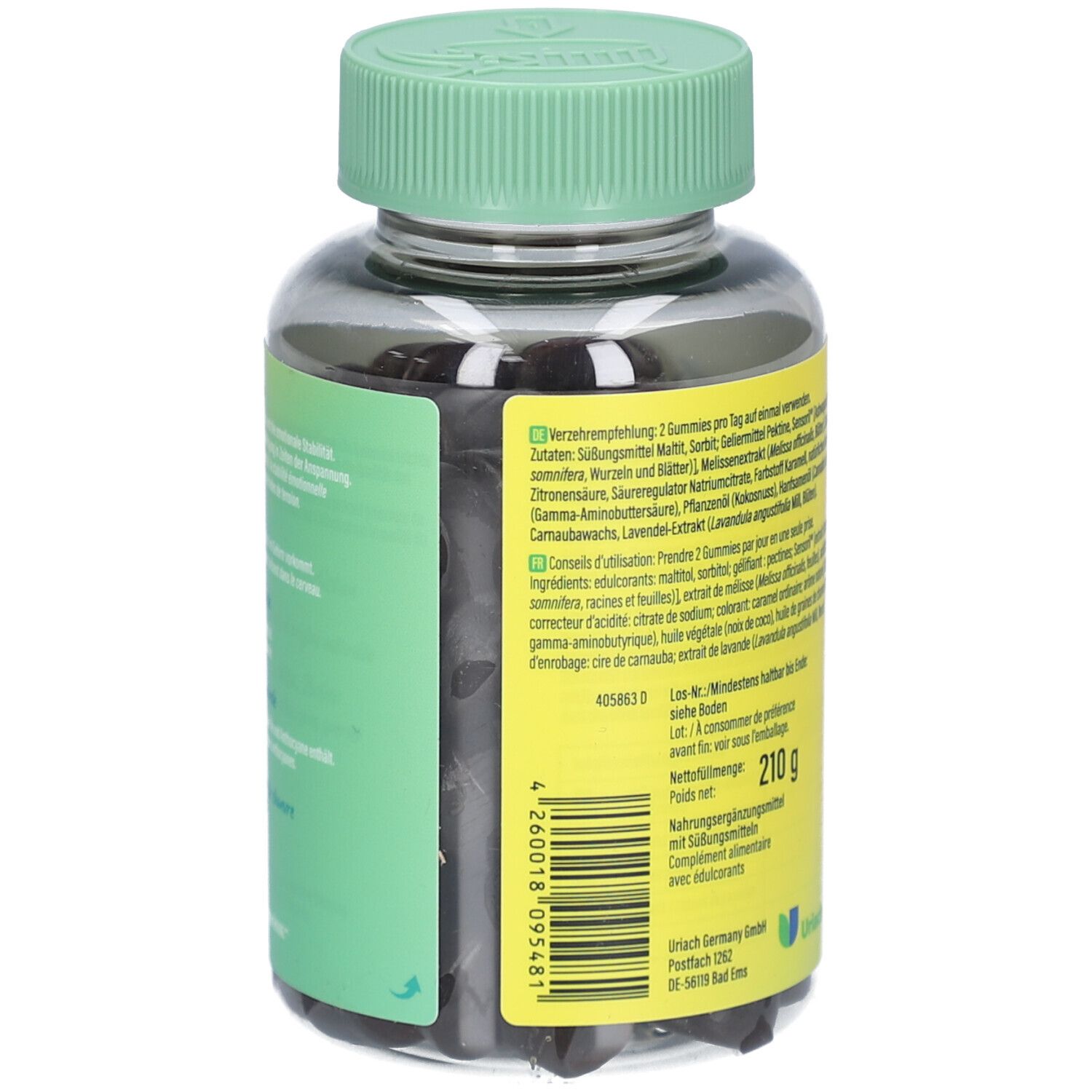 Rückseite der Flasche. Enthält Inhaltsstoffe und Nährwertangaben. Gewicht: 210 g. Hersteller: Uriach Germany. Grünes Etikett.