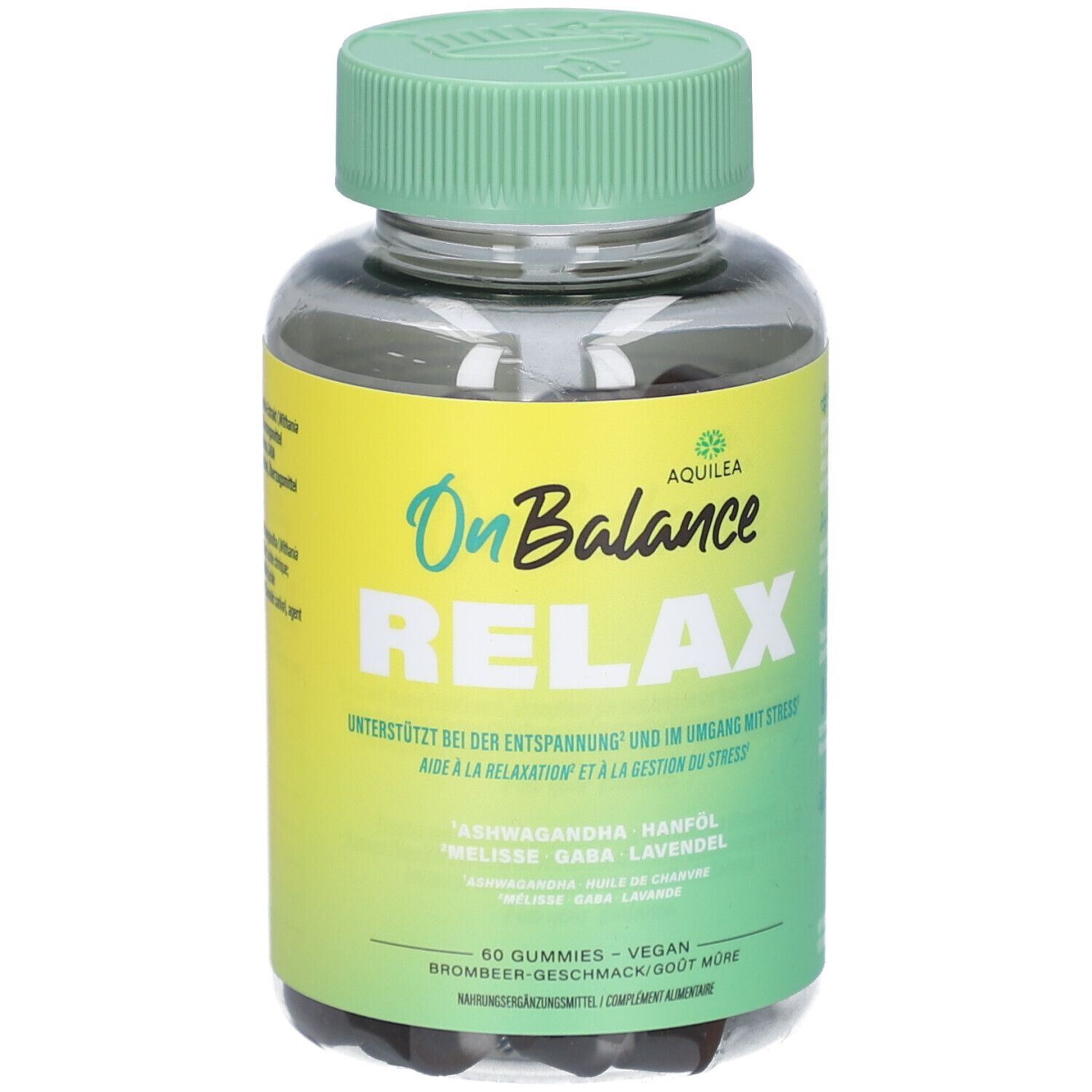 Klare Kunststoffflasche mit grünem Deckel. Aufschrift: OnBalance Relax, Aquilea. Enthält 60 vegane Gummies. Gelb-grünes Etikett.