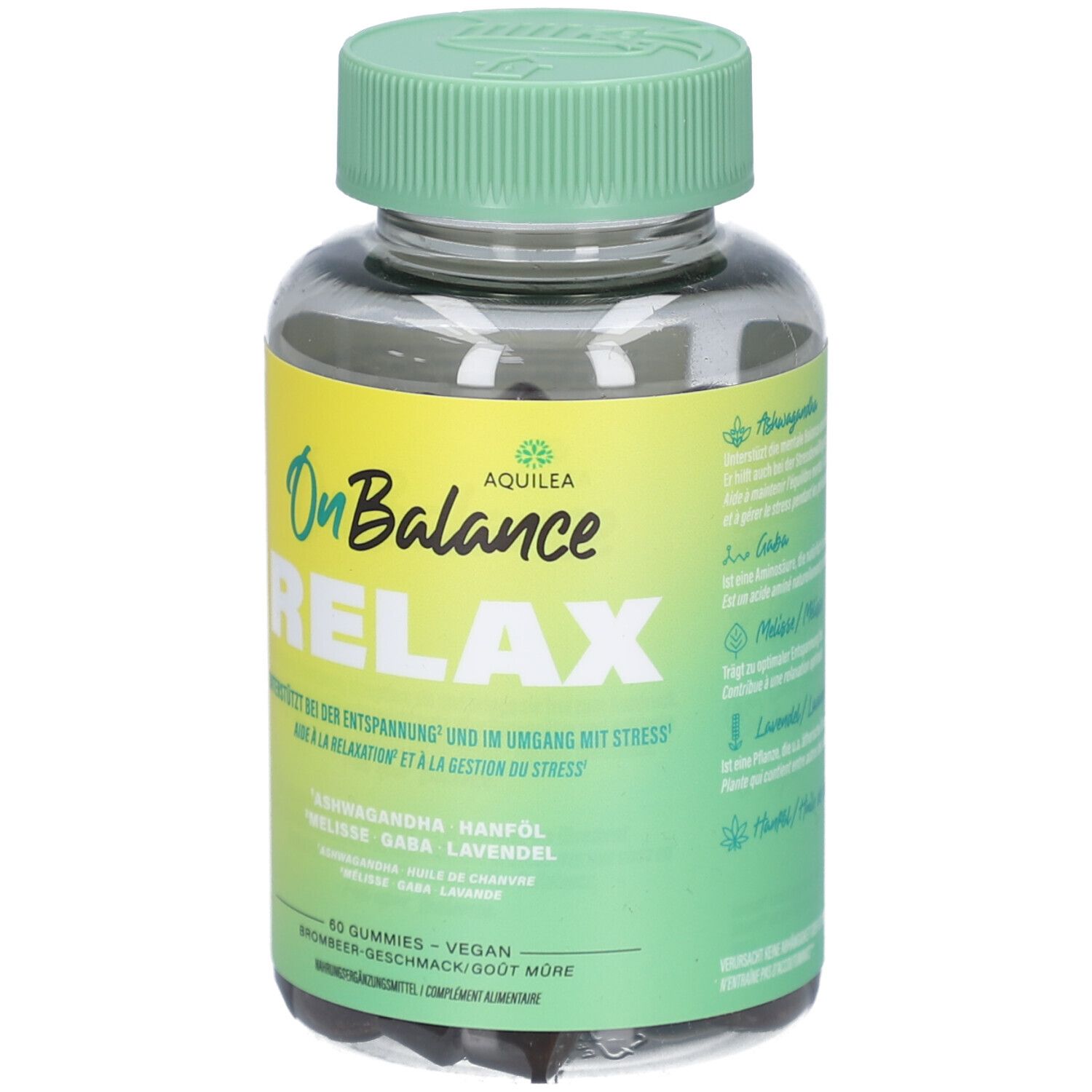 Klare Kunststoffflasche mit grünem Deckel. Aufschrift: OnBalance Relax, Aquilea. Enthält 60 vegane Gummies. Gelb-grünes Etikett.