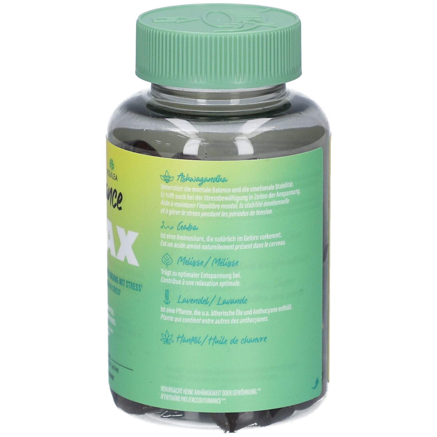 Rückseite der Flasche. Enthält Inhaltsstoffe und Nährwertangaben. Hersteller: Uriach Germany. Grünes Etikett. Abbildungen von Pflanzen.