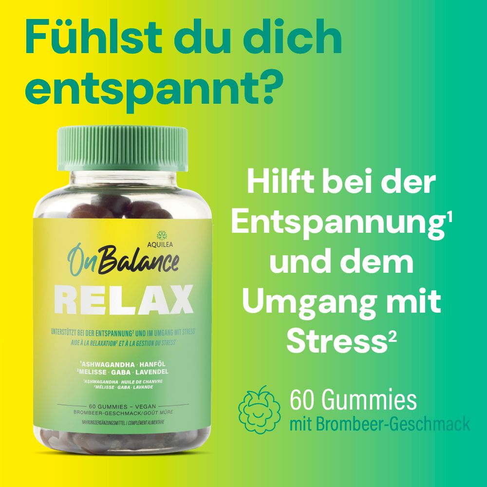 Flasche OnBalance RELAX. Text: Hilft bei der Entspannung und dem Umgang mit Stress. 60 Gummibärchen.