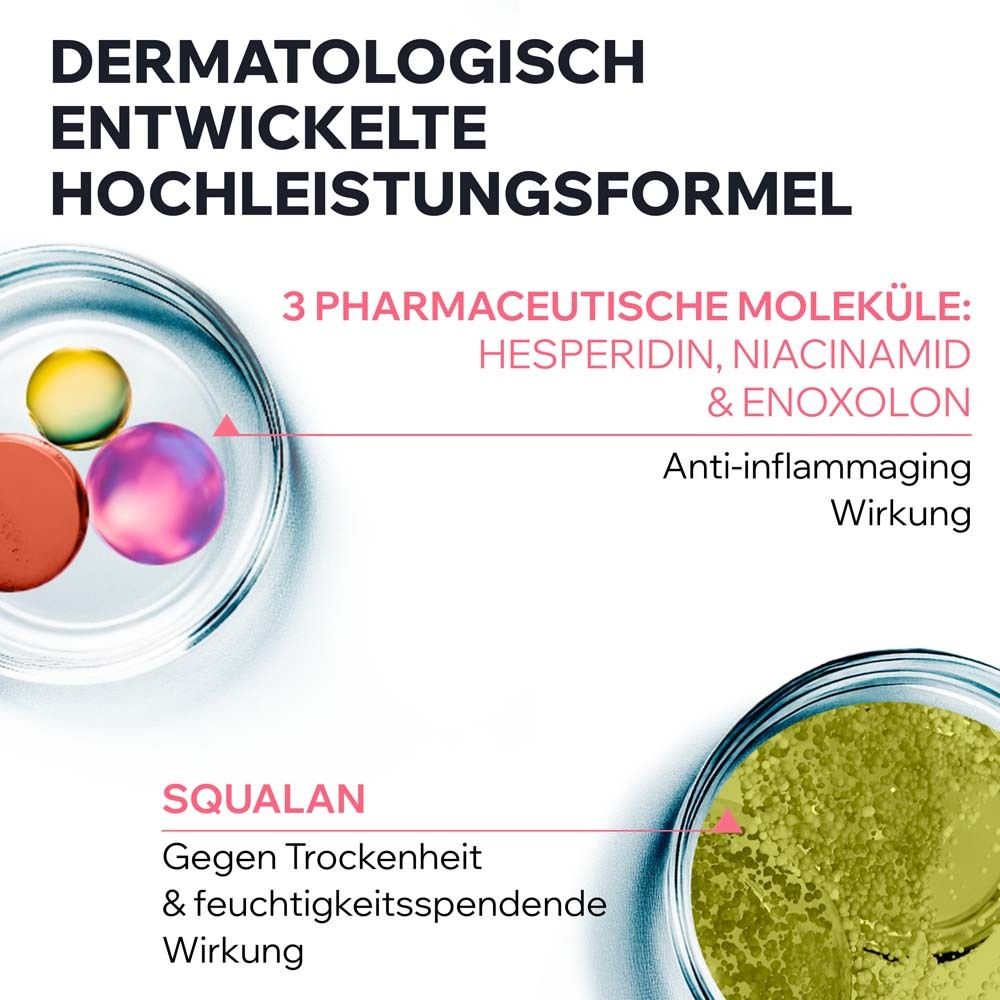 Nahaufnahme von drei Flüssigkeiten in Petrischalen. Text: Dermatologisch entwickelte Hochleistungsformel. Inhaltsstoffe.