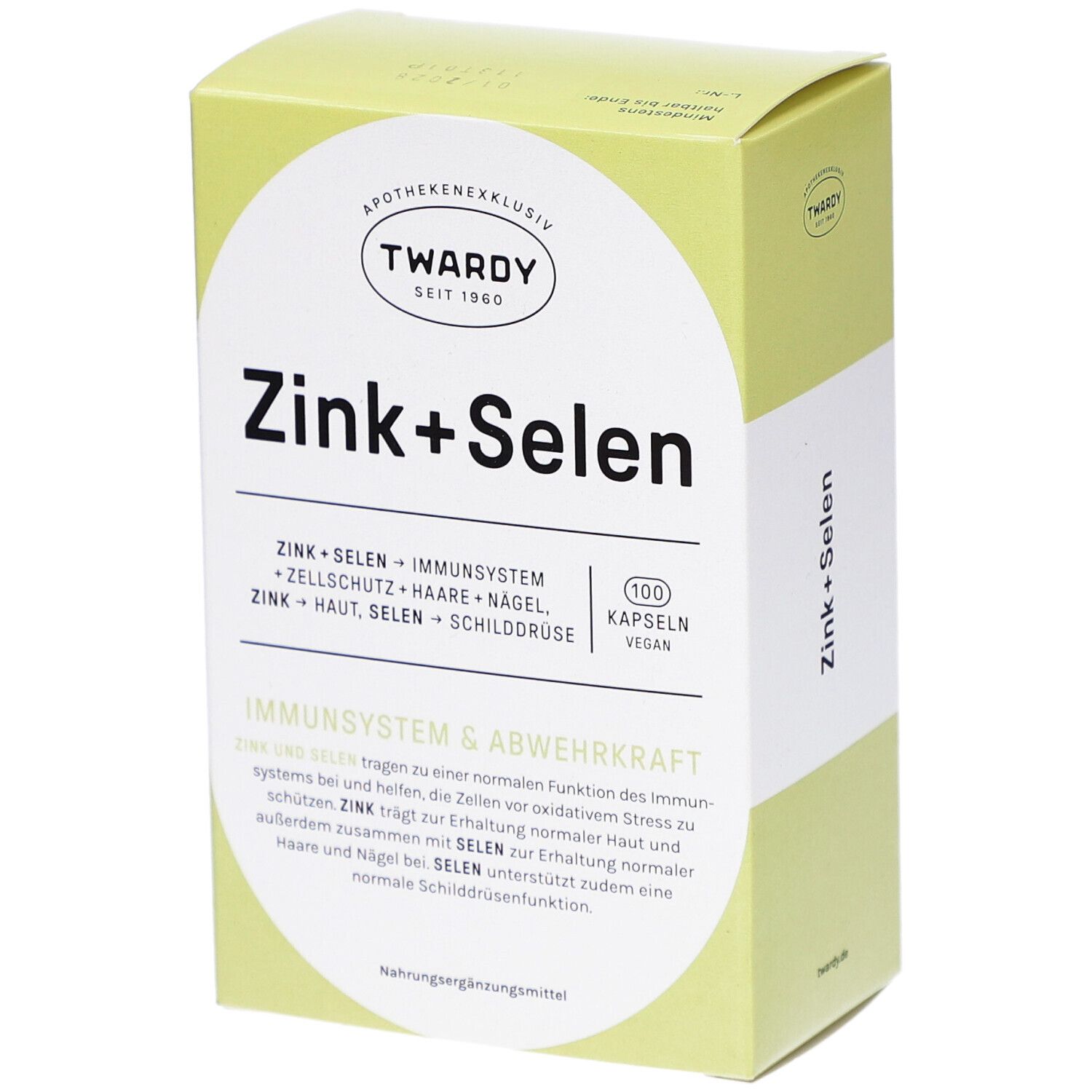 Hellgrüne Schachtel mit "Zink+Selen"-Aufdruck. Logo "Twardy". Text: "100 Kapseln vegan".