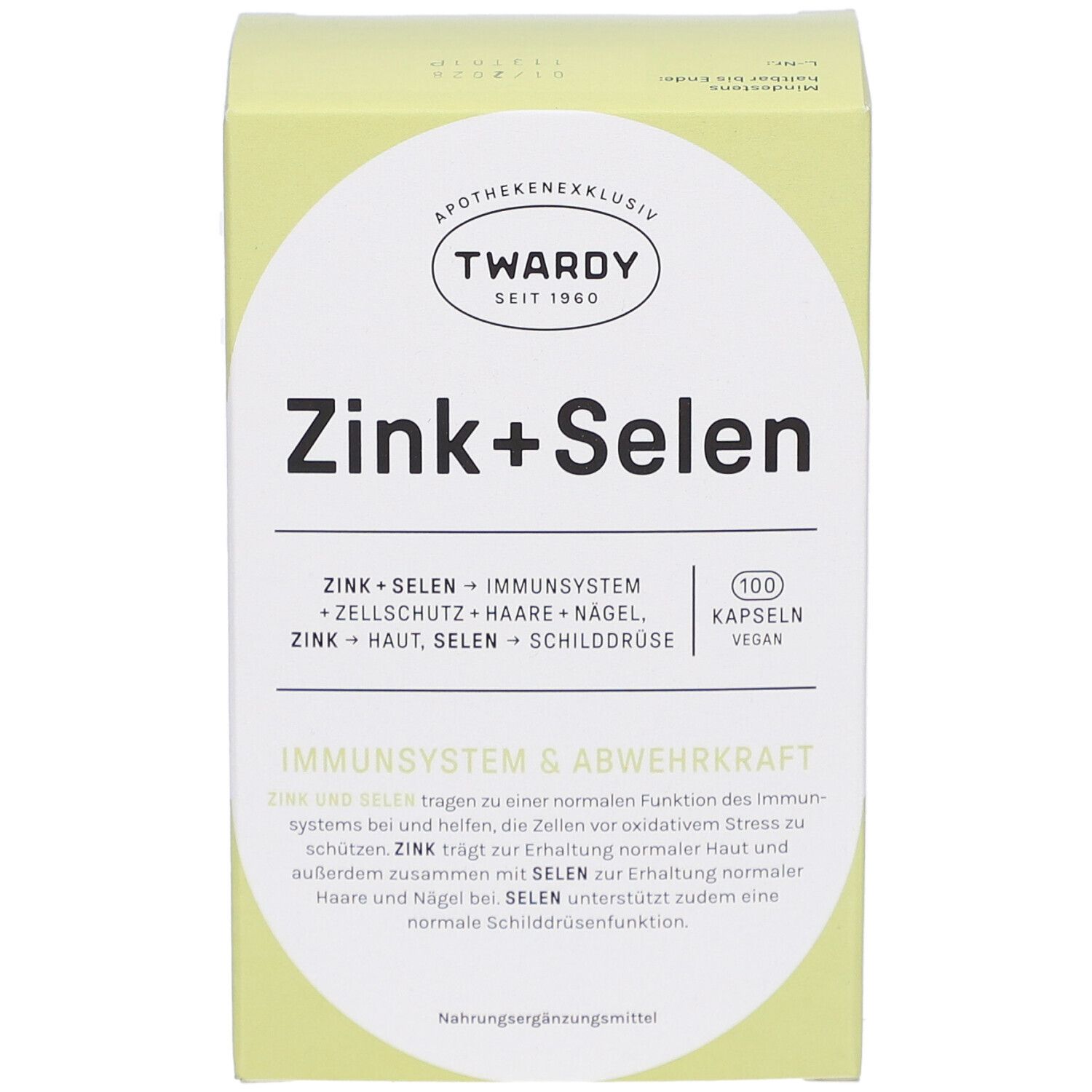 Hellgrüne Schachtel mit "Zink+Selen"-Aufdruck. Logo "Twardy". Text: "100 Kapseln vegan".