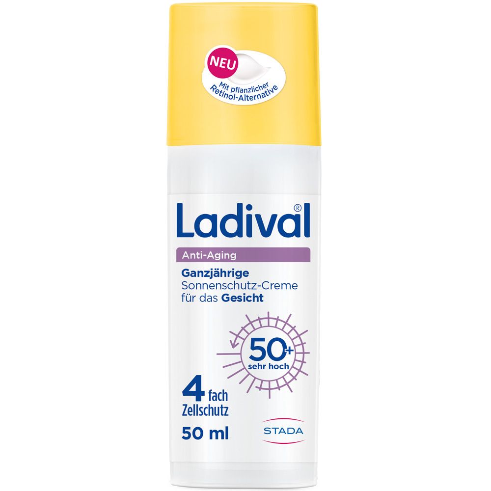 Ladival® Anti-Aging Sonnenschutz Gesicht LSF 50+ Flasche. Gelbe Kappe, weißer Behälter. Text: Anti-Aging, 50+.