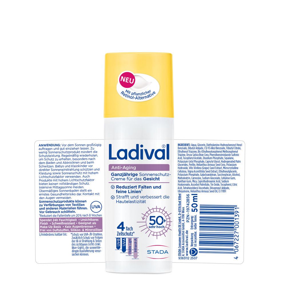 Ladival® Anti-Aging Sonnenschutz Gesicht LSF 50+ Flasche. Produkt- und Inhaltsstoffinformationen auf Etiketten.