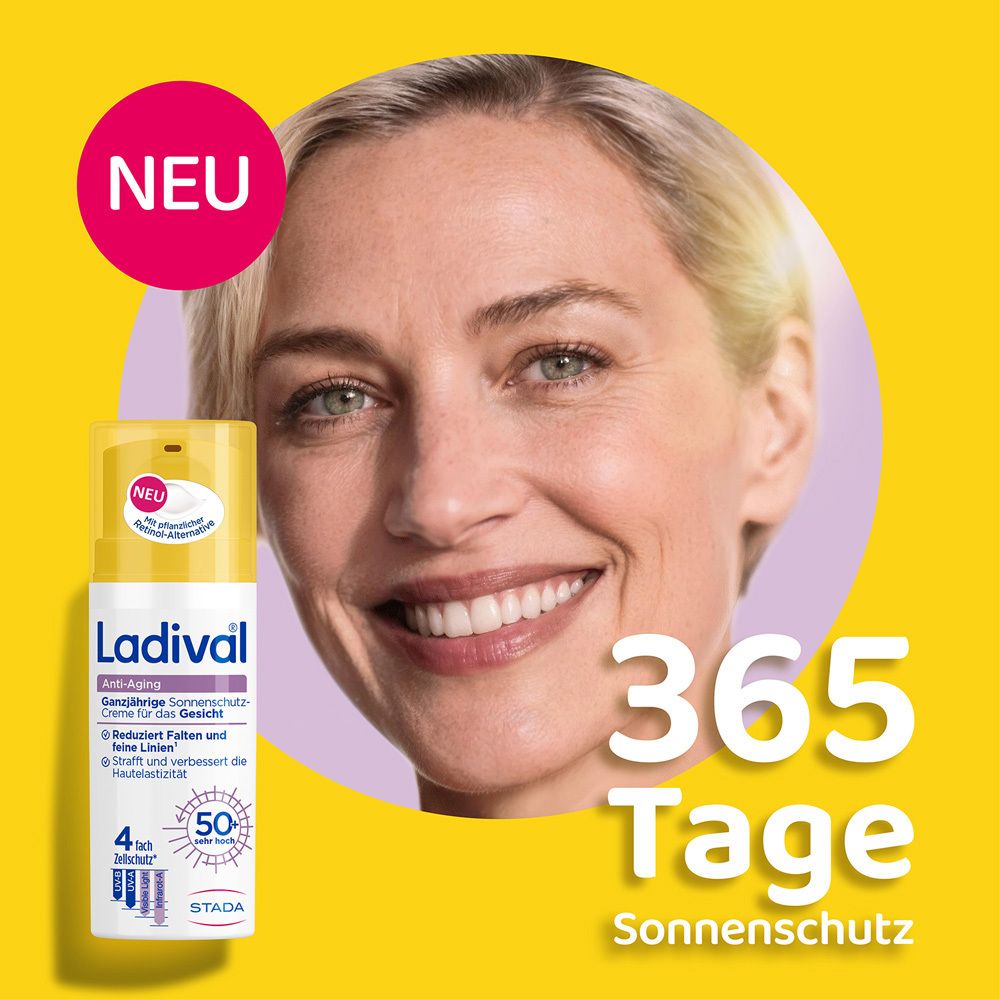 Frau mit Ladival® Anti-Aging Sonnenschutz Gesicht LSF 50+ Flasche. Text: 365 Tage Sonnenschutz.