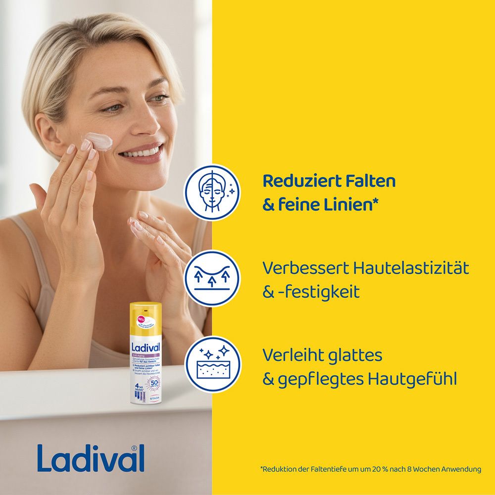 Frau trägt Ladival® Anti-Aging Sonnenschutz Gesicht LSF 50+ auf. Text: Reduziert Falten, verbessert Hautelastizität.