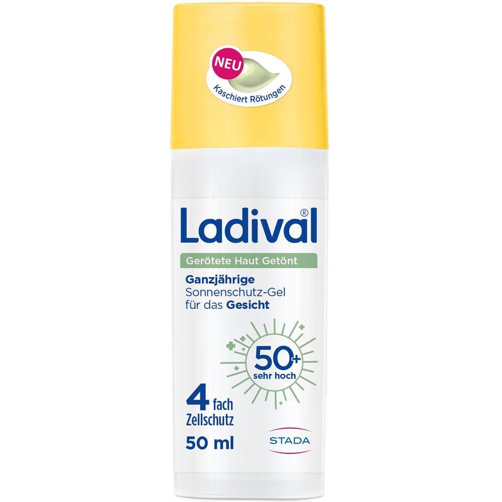 Ladival® Gesichtsgel mit LSF 50+. Weiße Flasche mit gelbem Deckel. Text: Gerötete Haut Getönt, 50 ml.