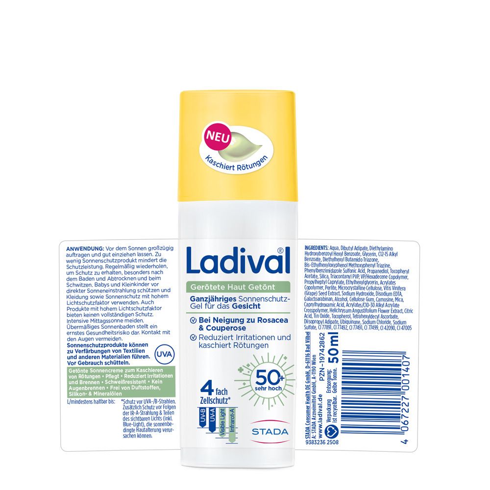 Ladival® Gesichtsgel mit LSF 50+. Weiße Flasche mit gelbem Deckel. Text: Gerötete Haut Getönt, 50 ml. Rückseite mit Text.