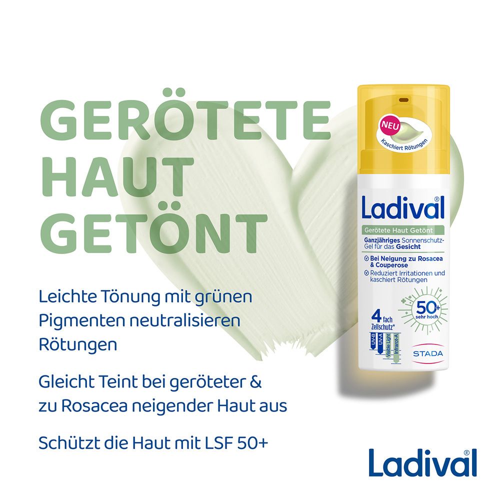 Text: Gerötete Haut Getönt. Produkt und Text auf weißem Hintergrund. Text: LSF 50+ und grüne Pigmente.