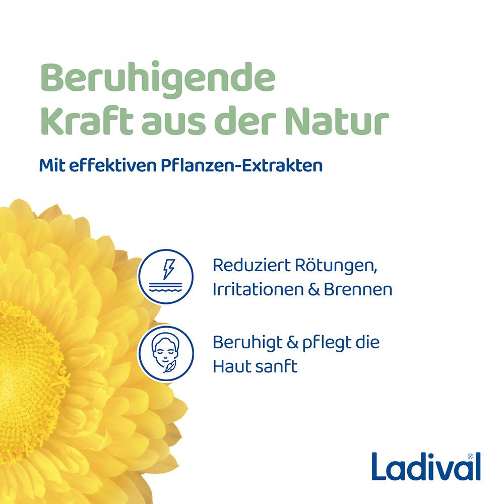 Gelbe Blume mit Text: Beruhigende Kraft aus der Natur. Text: Reduziert Rötungen, Irritationen & Brennen.