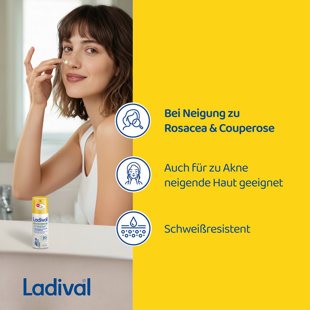 Frau mit Ladival® Gesichtsgel. Text: Bei Neigung zu Rosacea & Couperose. Auch für Akne geeignete Haut.